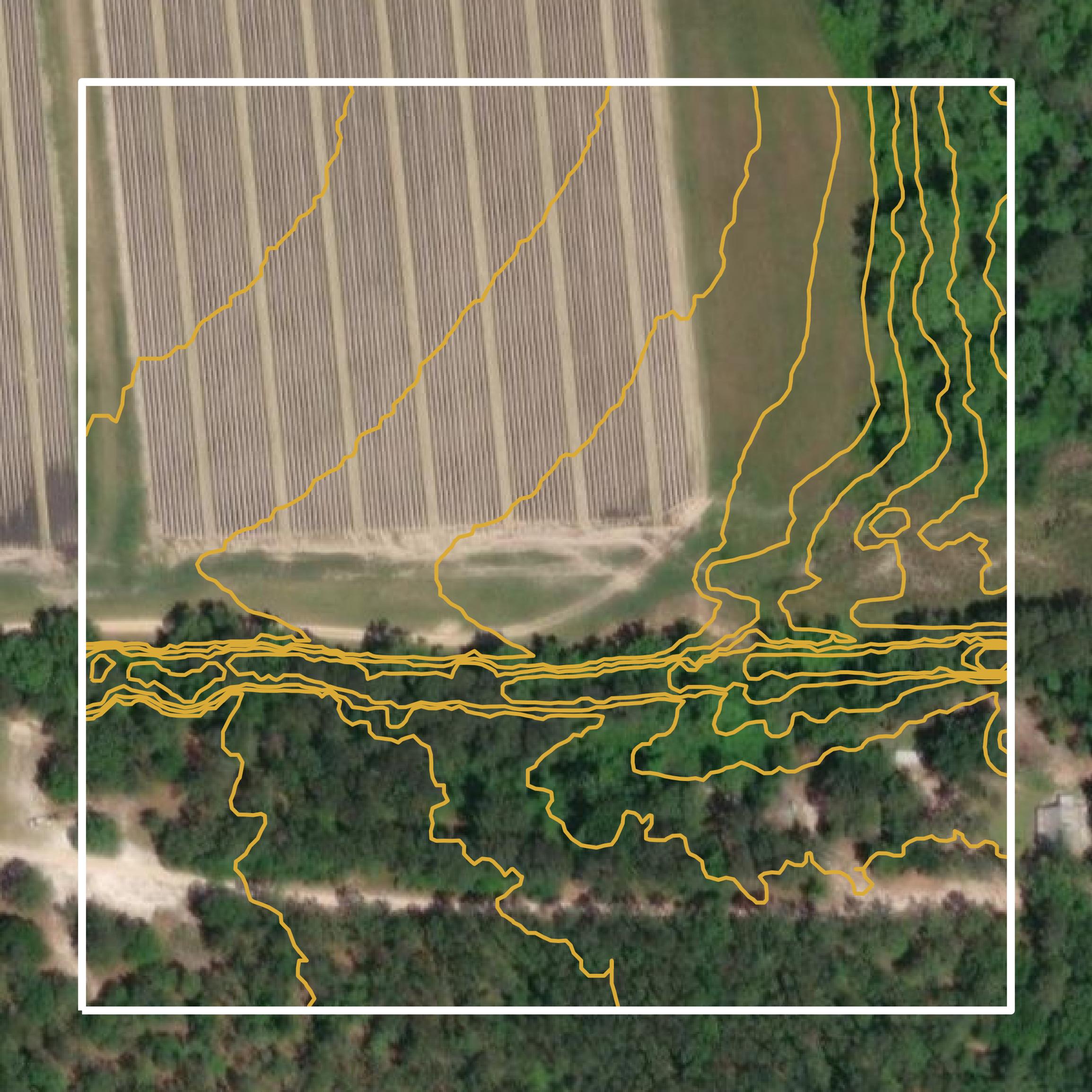 This image shows a contour map in Brooks County created using GIS data in Equator.