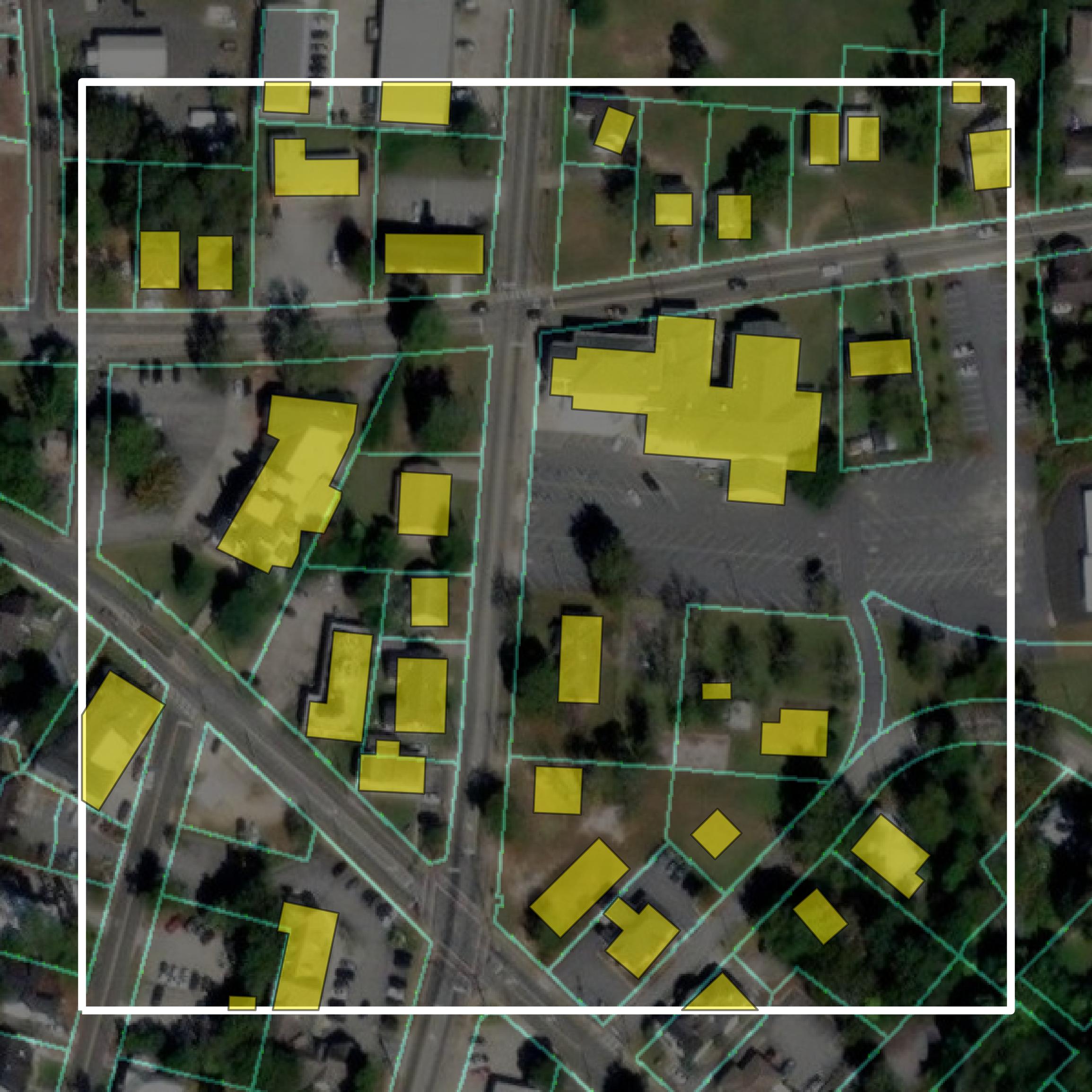This image shows parcel and building data in Bulloch County created using GIS data in Equator.