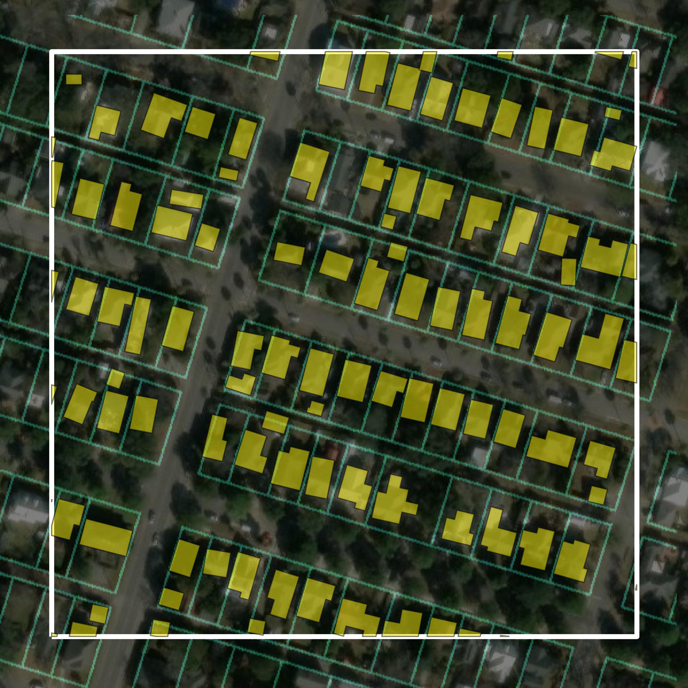 This image shows parcel and building data in Chatham County created using GIS data in Equator.