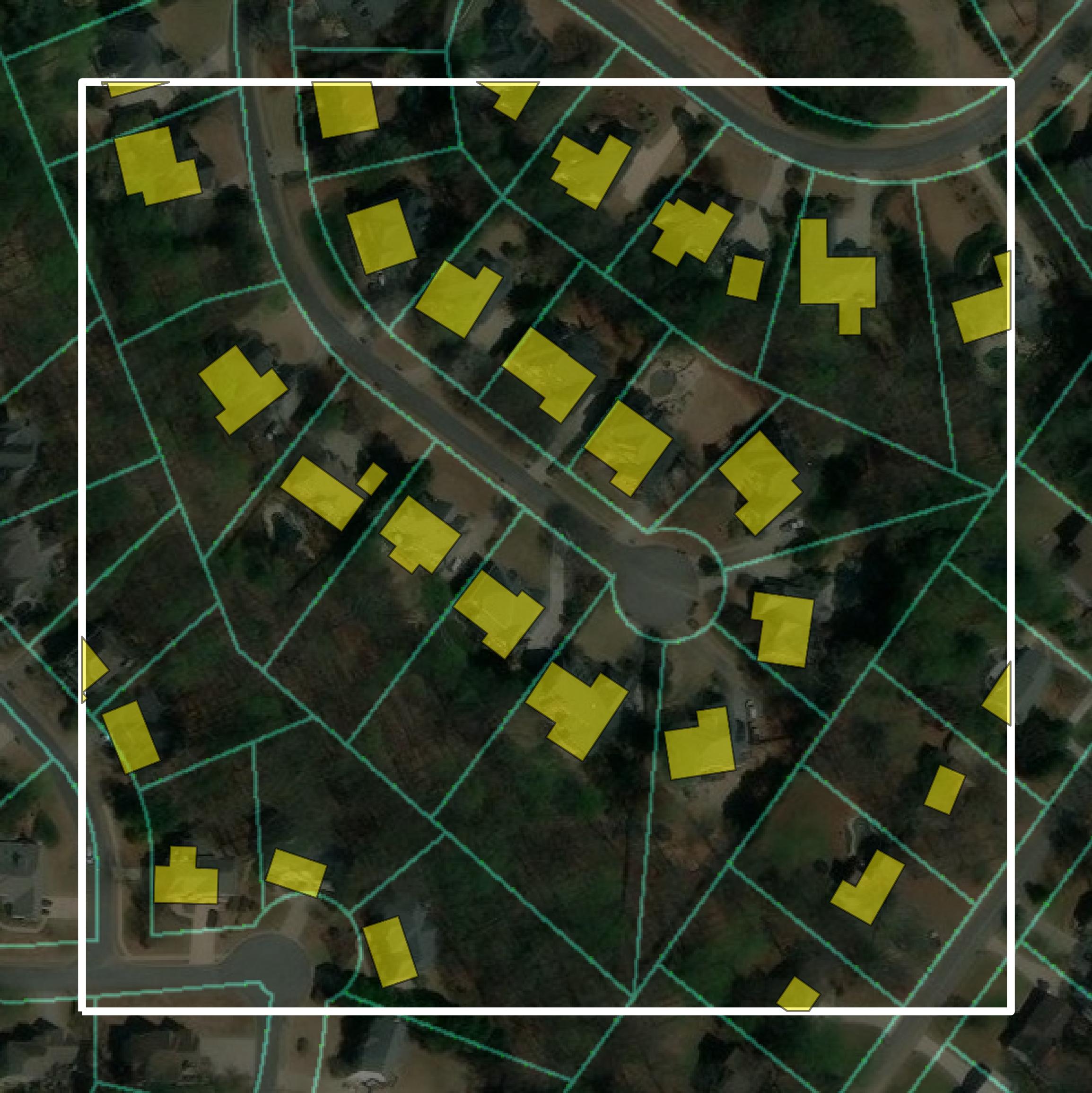 This image shows parcel and building data in Cherokee County created using GIS data in Equator.