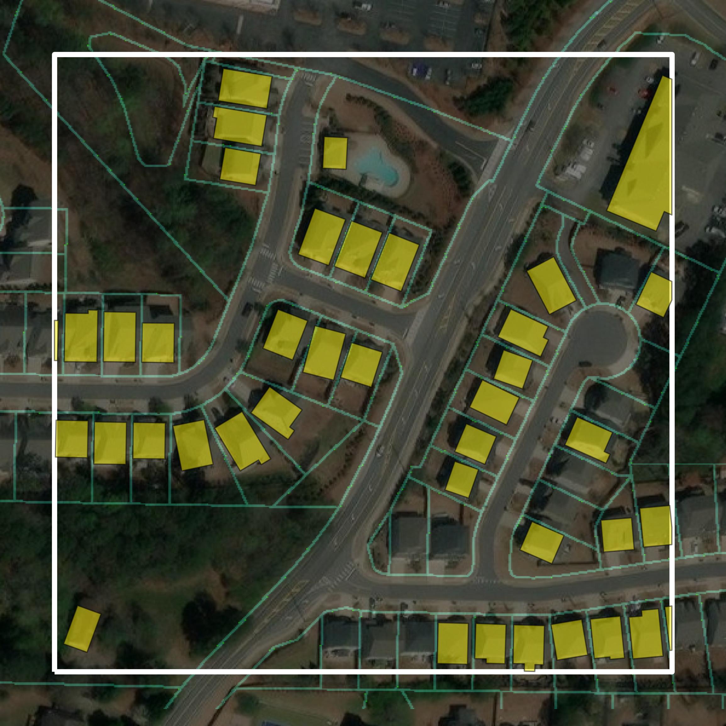 This image shows parcel and building data in Cherokee County created using GIS data in Equator.
