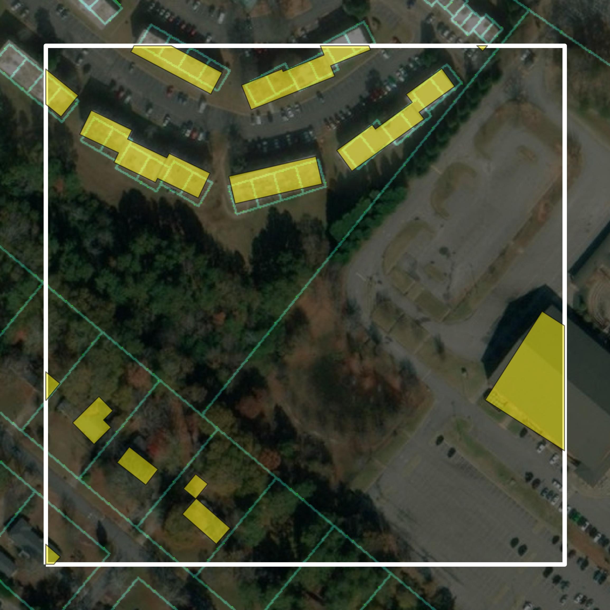 This image shows parcel and building data in Clarke County created using GIS data in Equator.