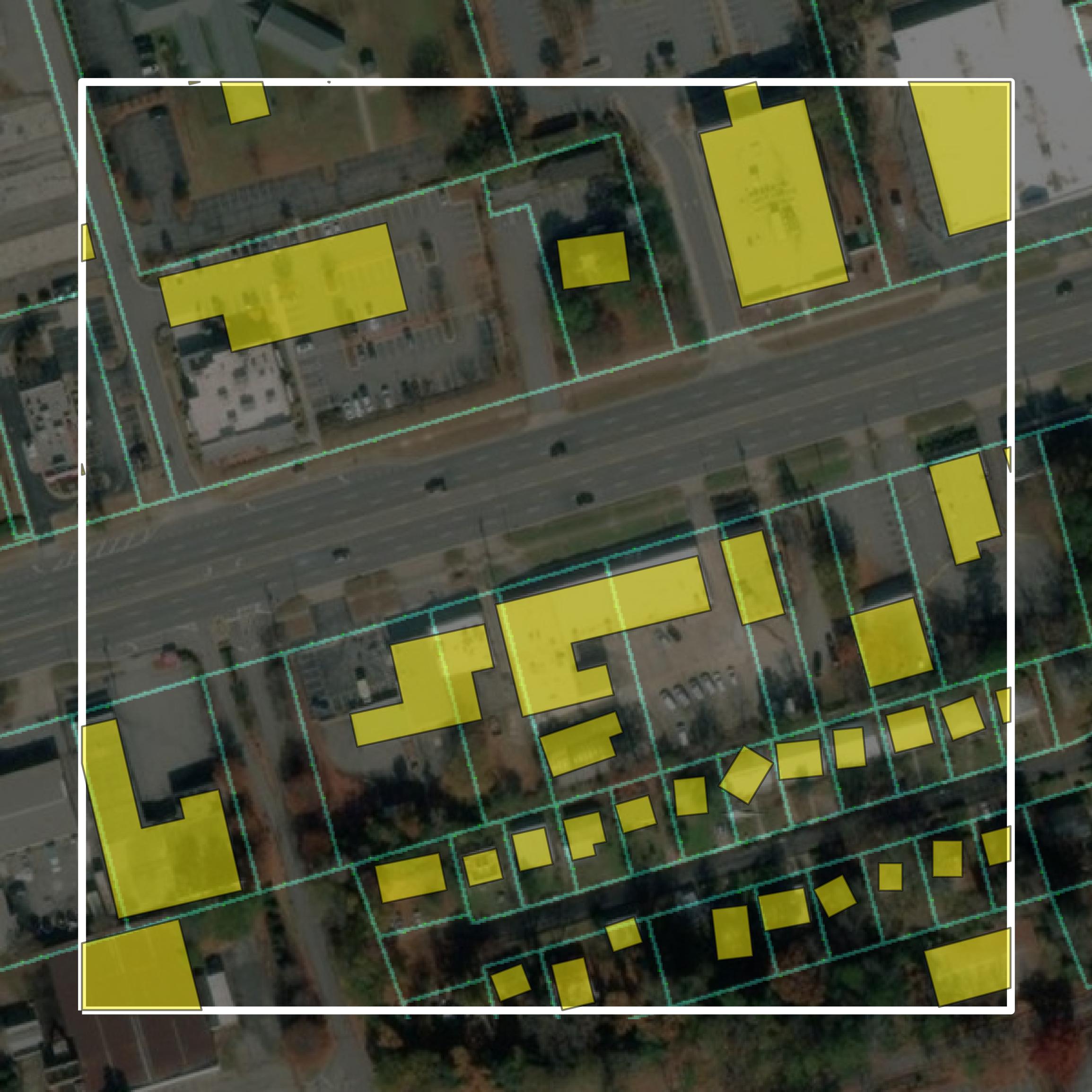 This image shows parcel and building data in Clarke County created using GIS data in Equator.
