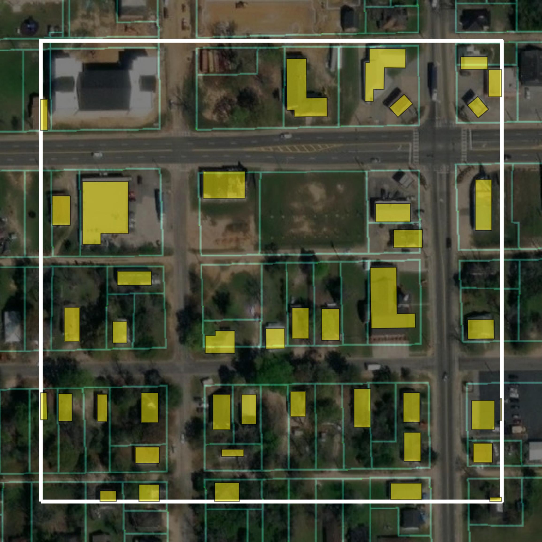 This image shows parcel and building data in Crisp County created using GIS data in Equator.