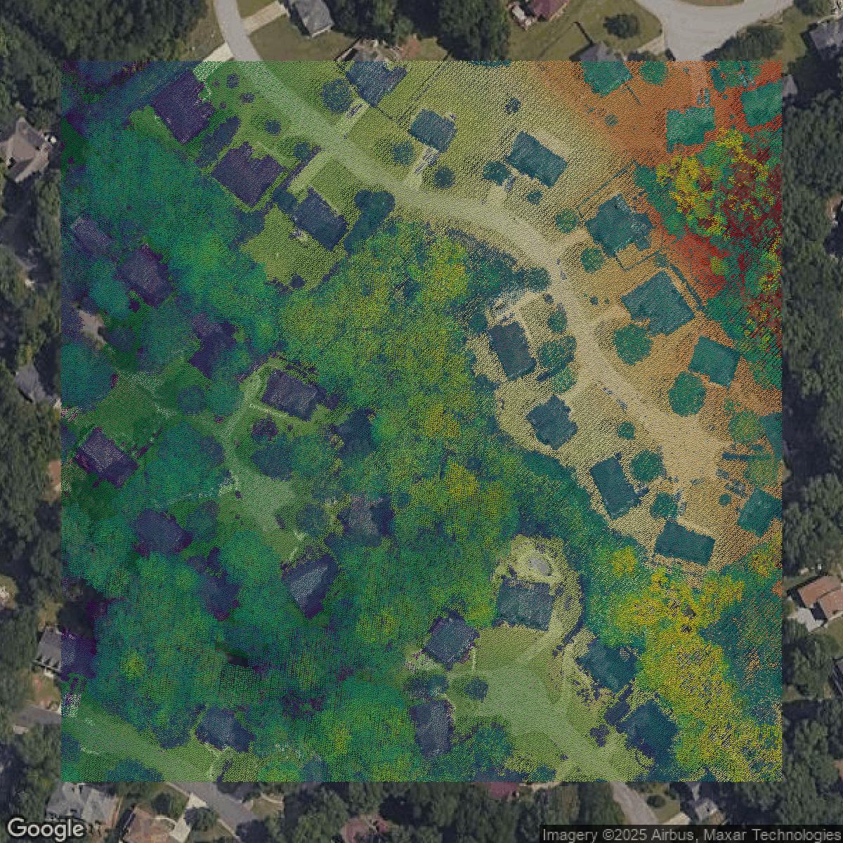 This image shows a LiDAR point cloud in DeKalb County created using GIS data in Equator.