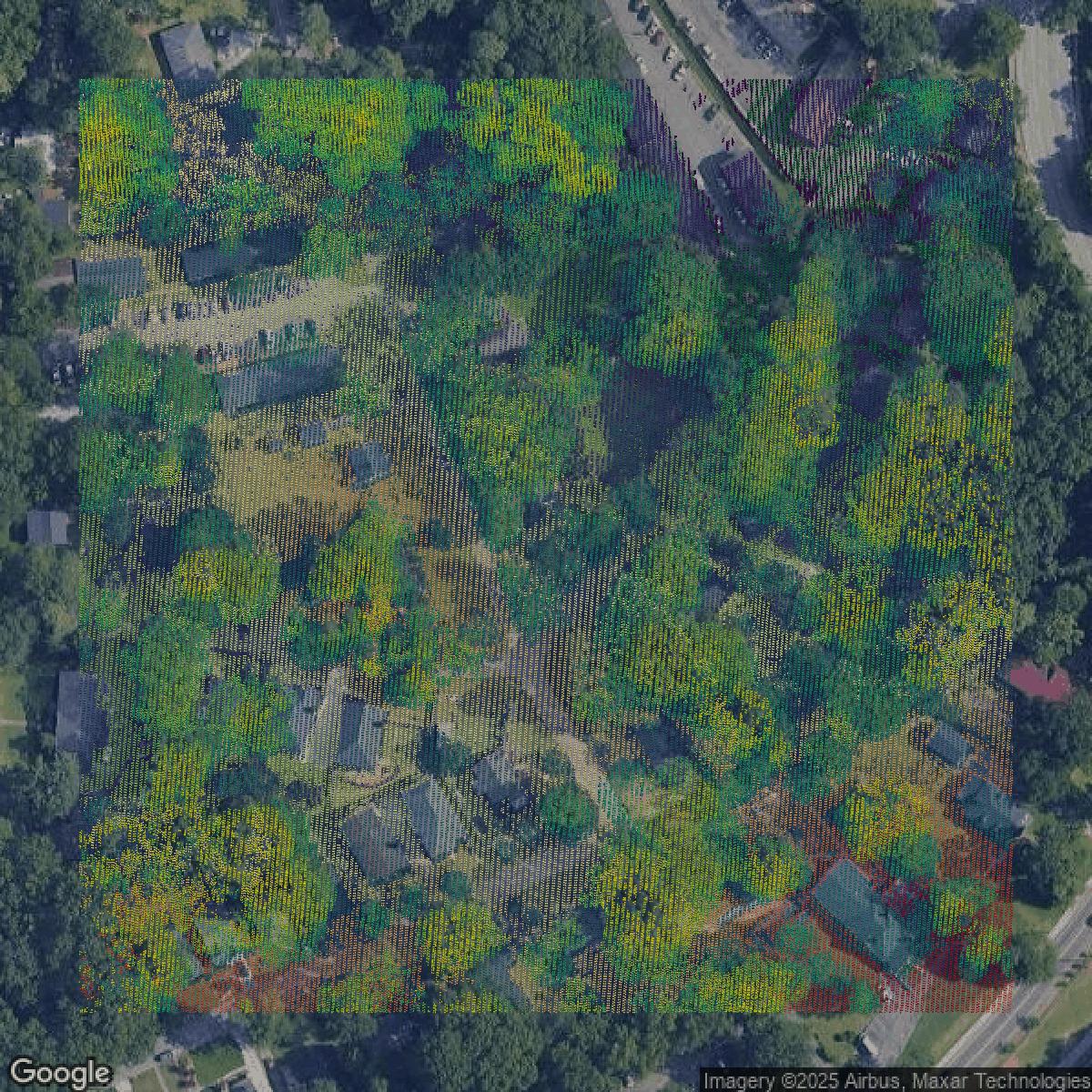 This image shows a LiDAR point cloud in DeKalb County created using GIS data in Equator.