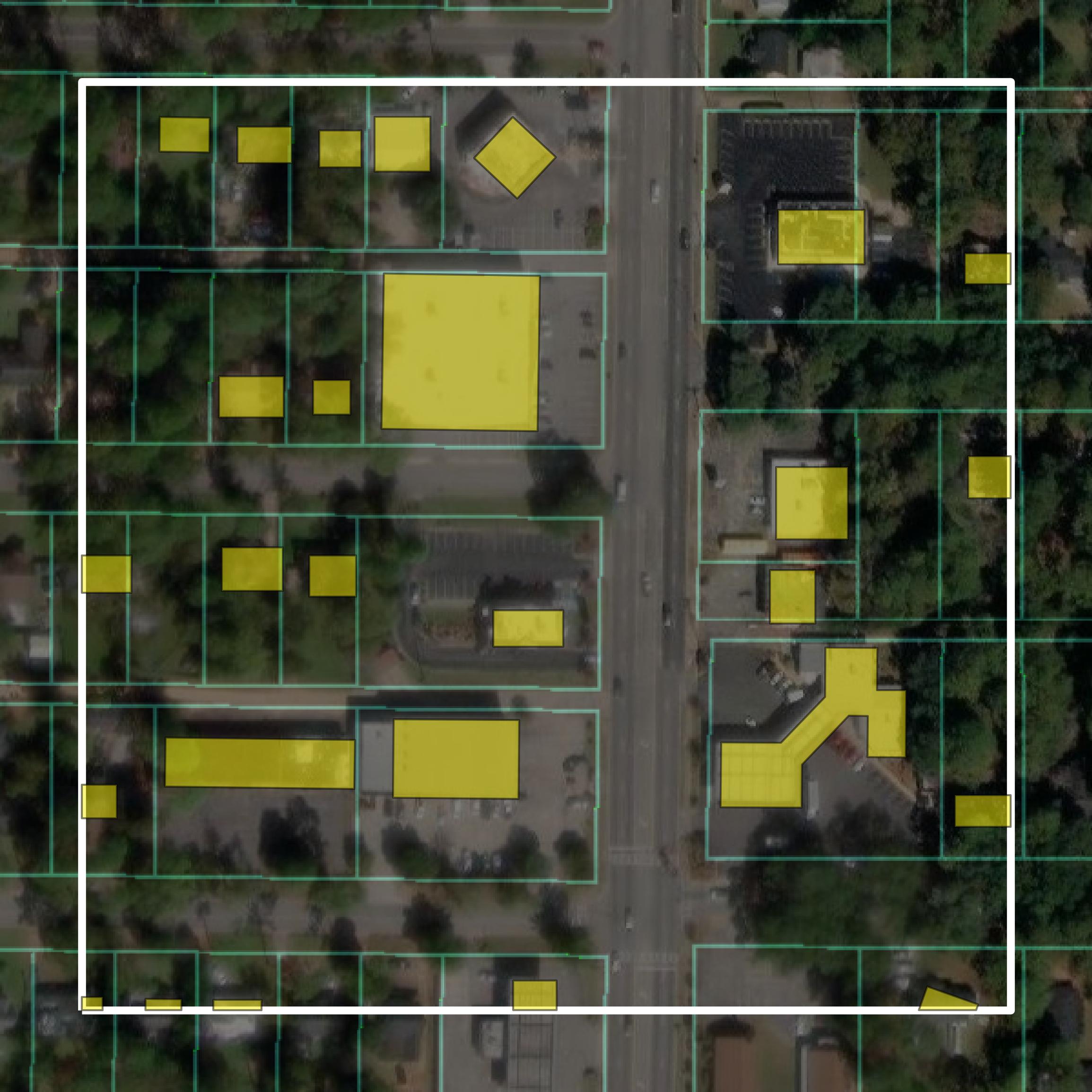 This image shows parcel and building data in Dougherty County created using GIS data in Equator.