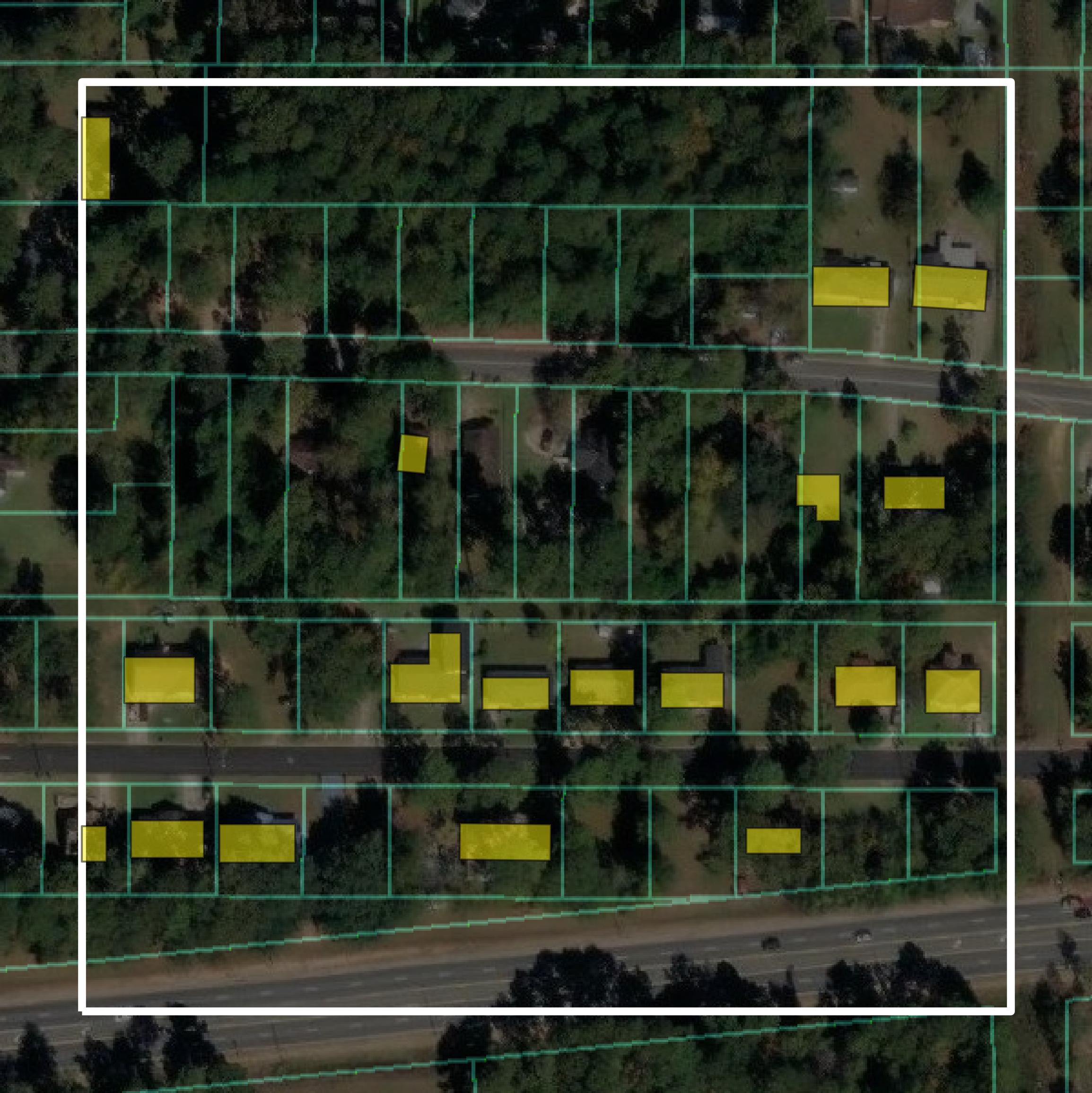 This image shows parcel and building data in Dougherty County created using GIS data in Equator.