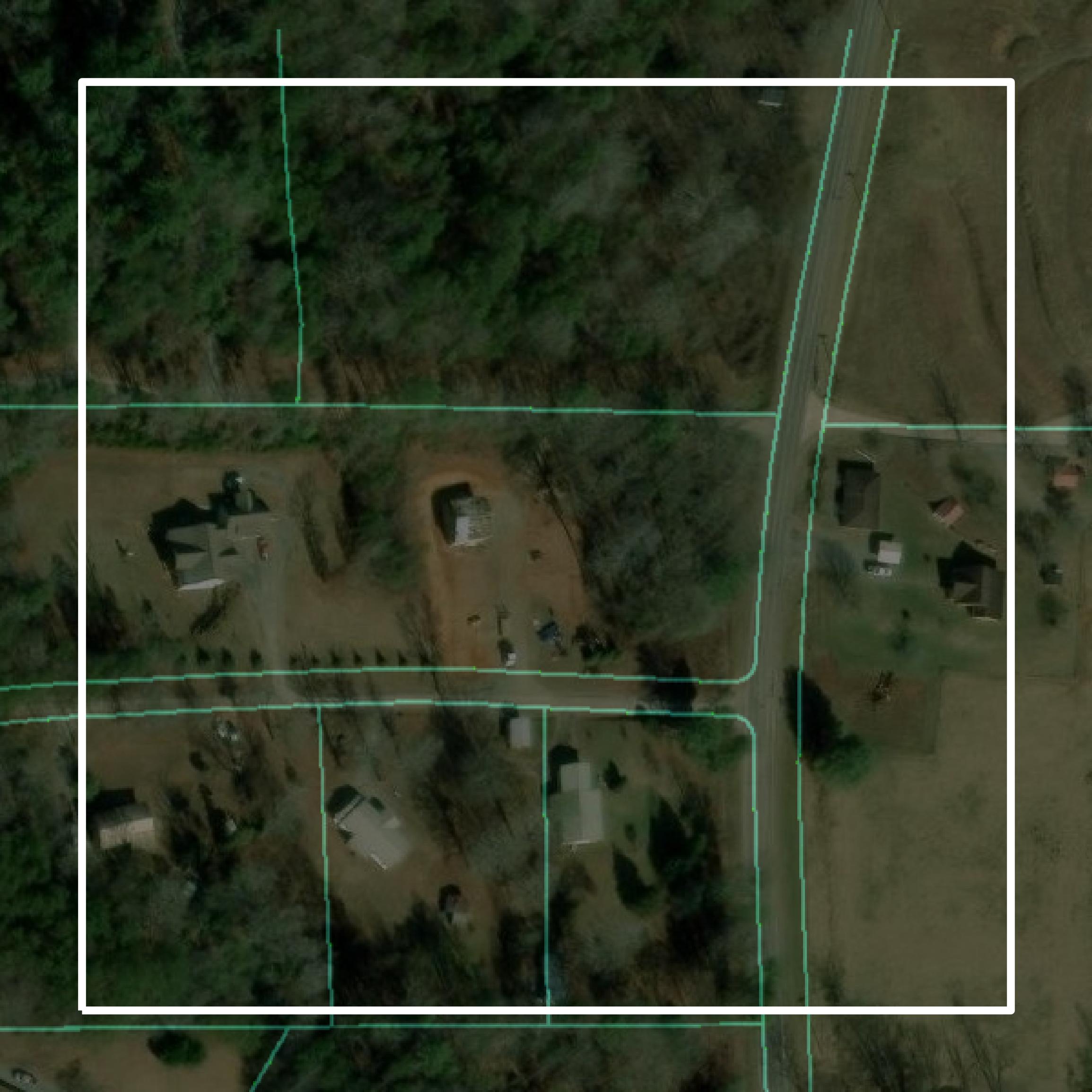This image shows parcel and building data in Fannin County created using GIS data in Equator.