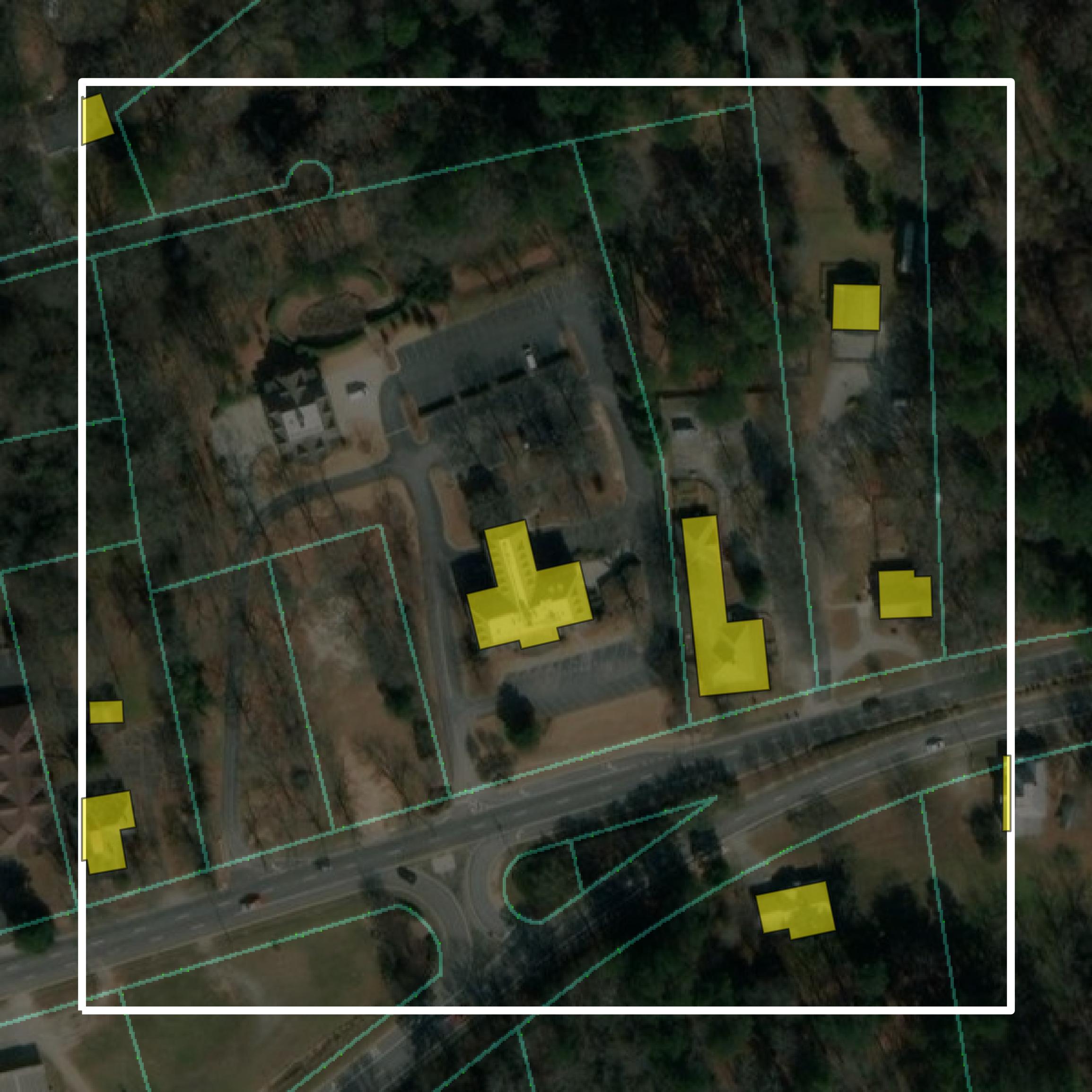 This image shows parcel and building data in Fayette County created using GIS data in Equator.