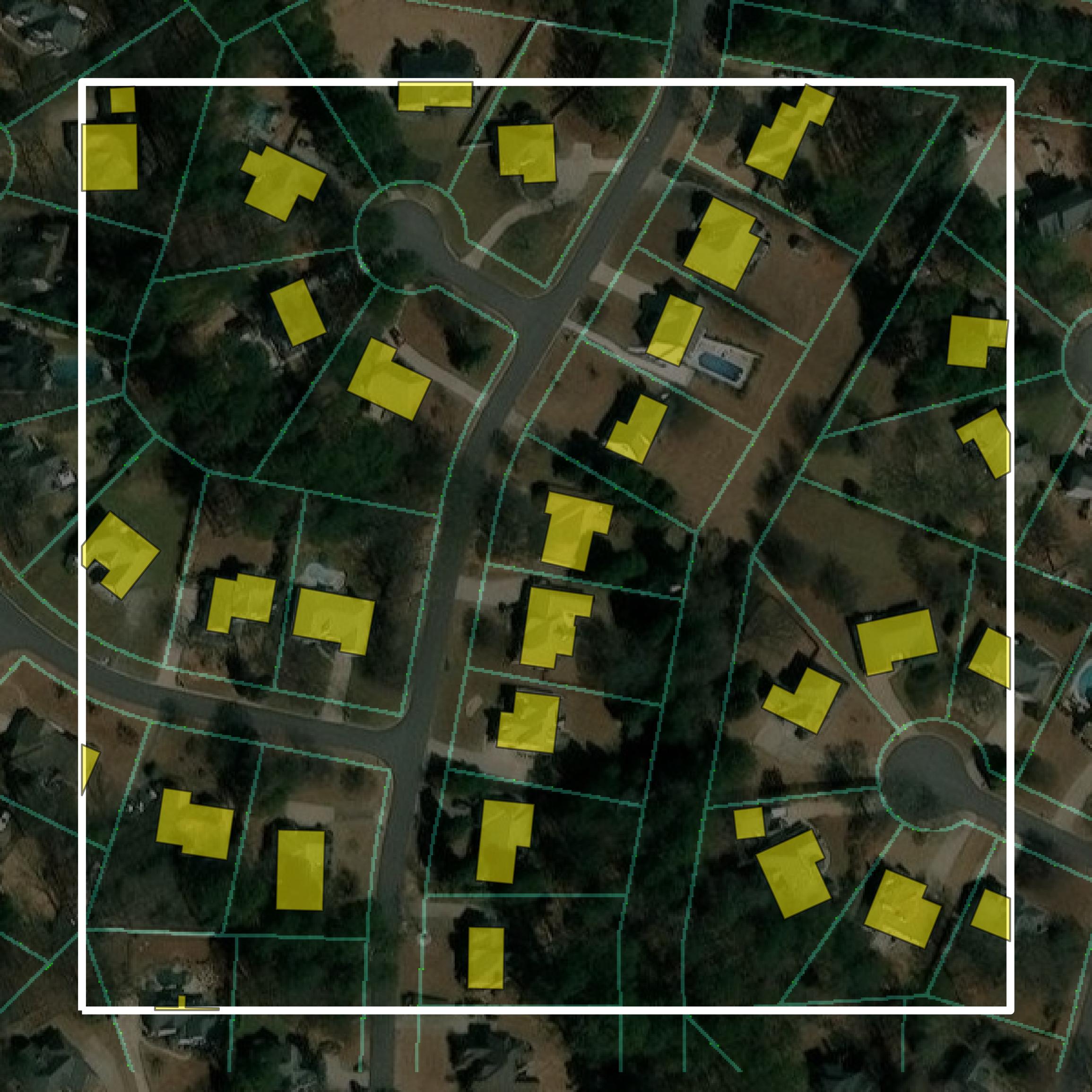 This image shows parcel and building data in Fayette County created using GIS data in Equator.