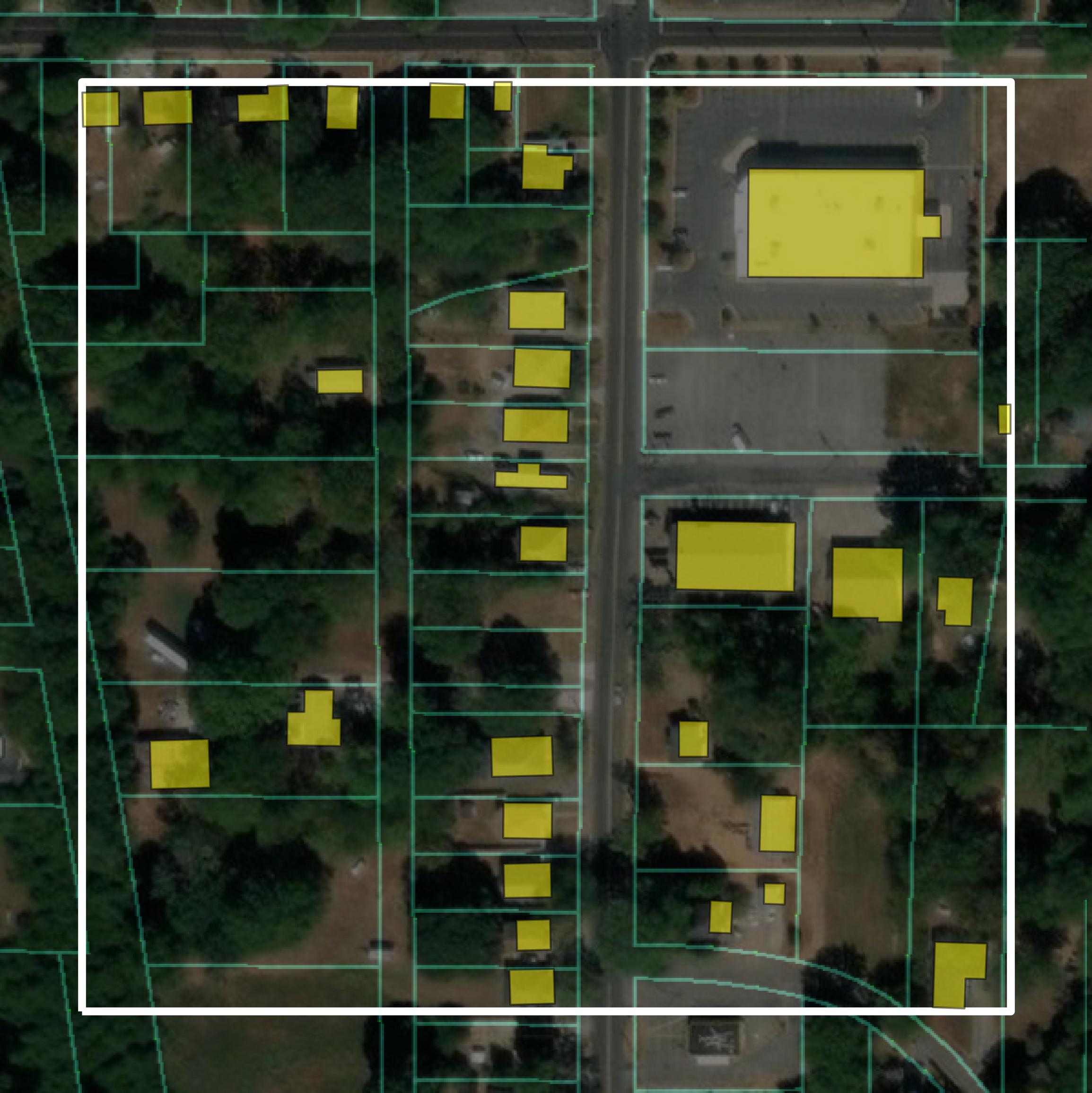 This image shows parcel and building data in Floyd County created using GIS data in Equator.