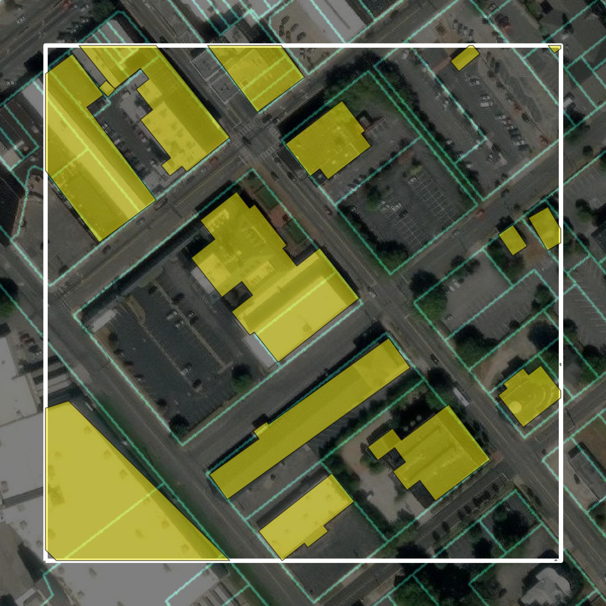 This image shows parcel and building data in Floyd County created using GIS data in Equator.