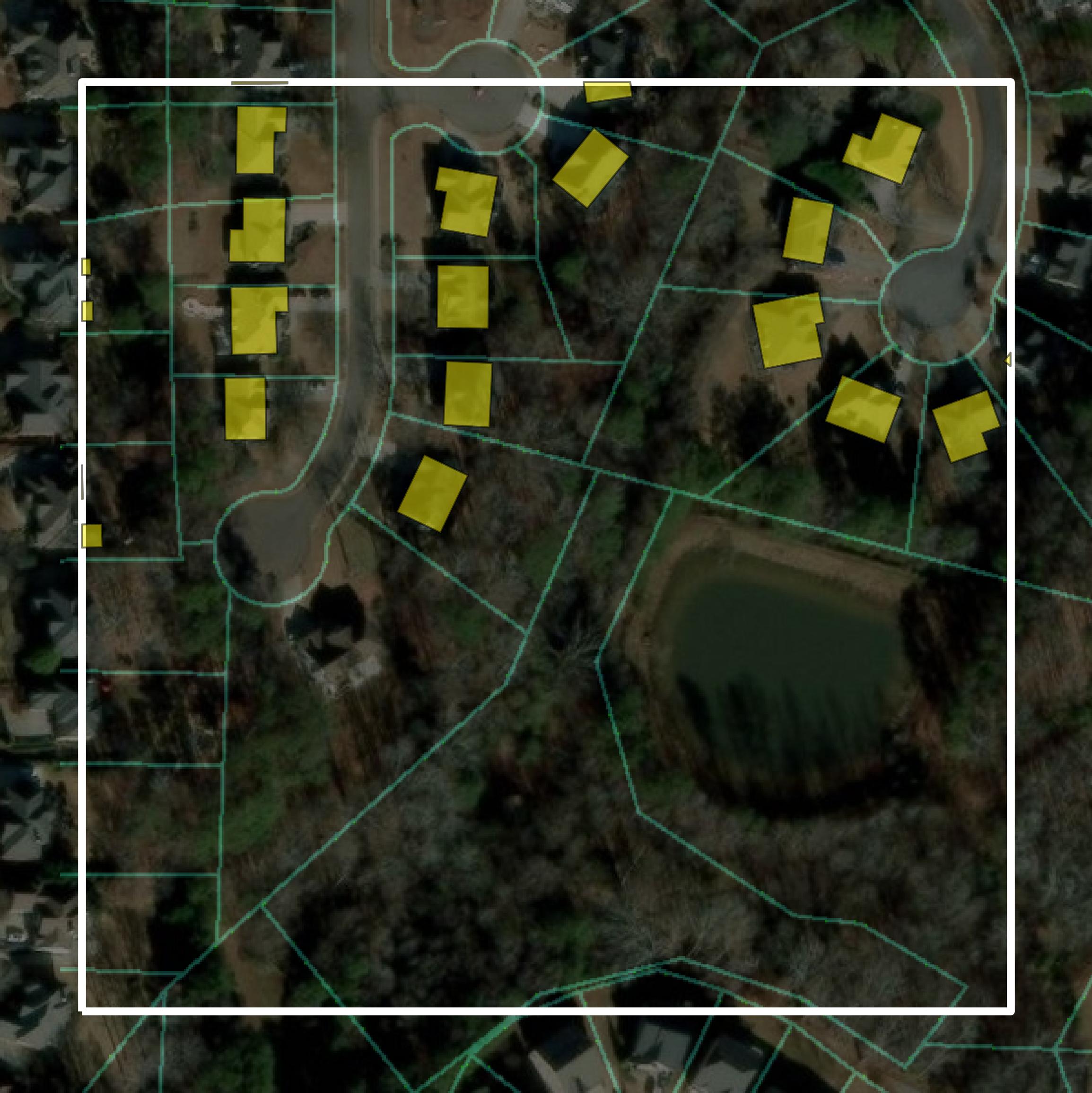 This image shows parcel and building data in Forsyth County created using GIS data in Equator.