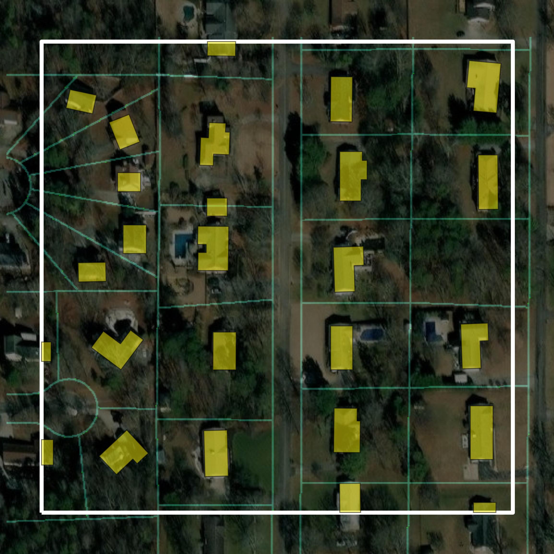 This image shows parcel and building data in Gordon County created using GIS data in Equator.