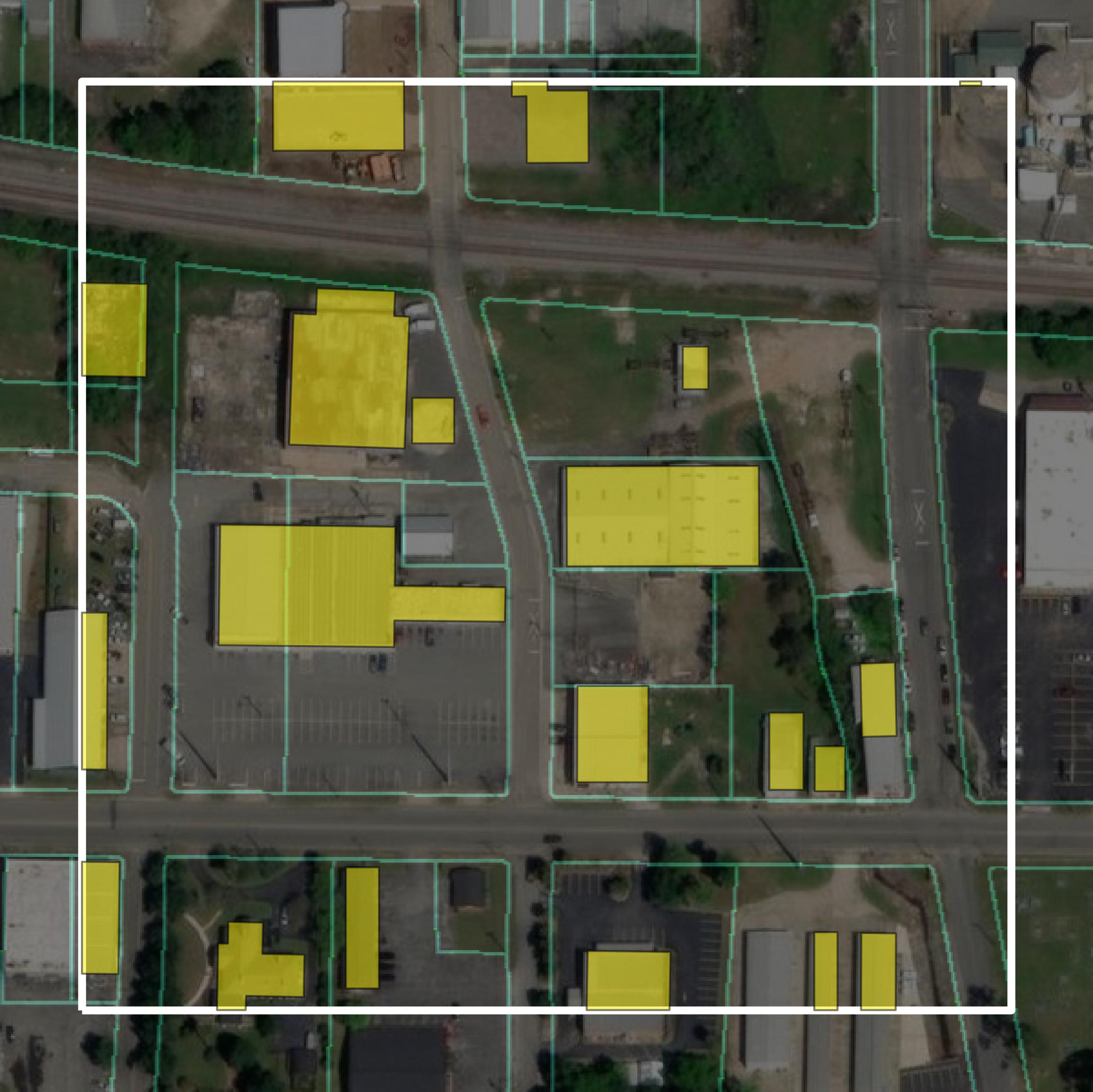 This image shows parcel and building data in Grady County created using GIS data in Equator.