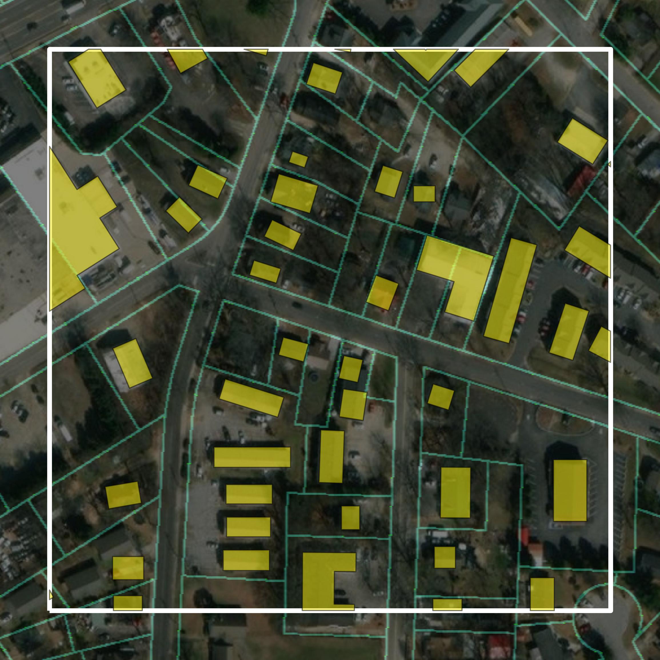 This image shows parcel and building data in Hall County created using GIS data in Equator.