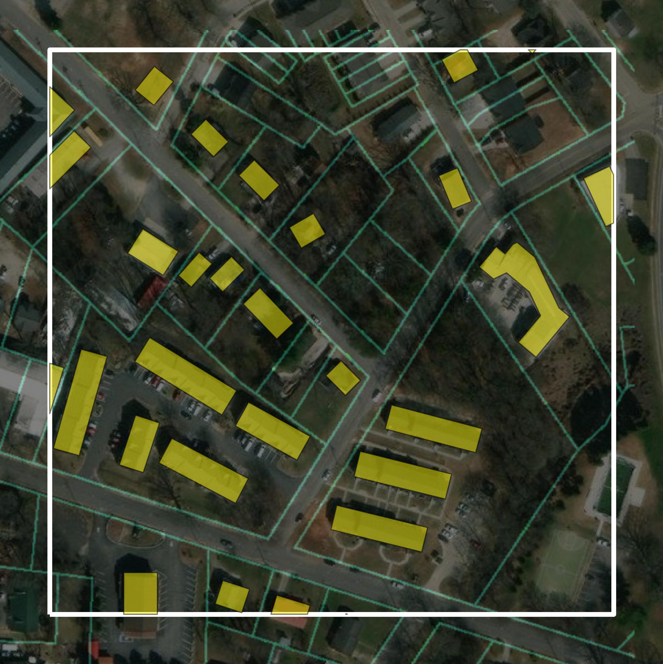 This image shows parcel and building data in Hall County created using GIS data in Equator.
