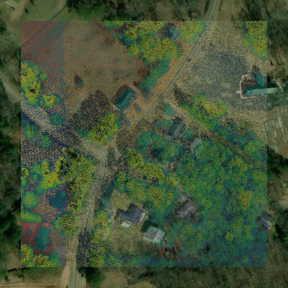 This image shows a LiDAR point cloud in Hall County created using GIS data in Equator.