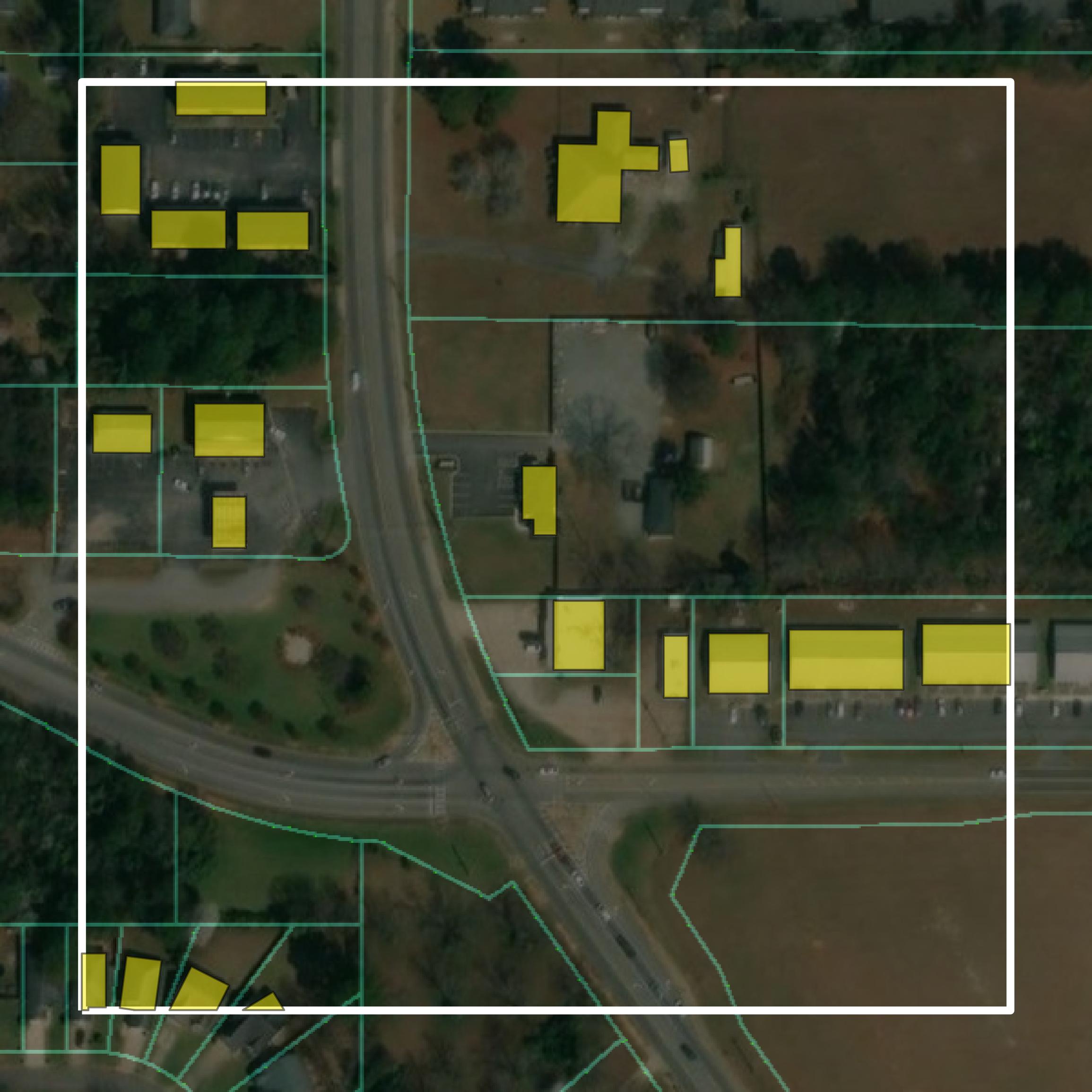 This image shows parcel and building data in Houston County created using GIS data in Equator.