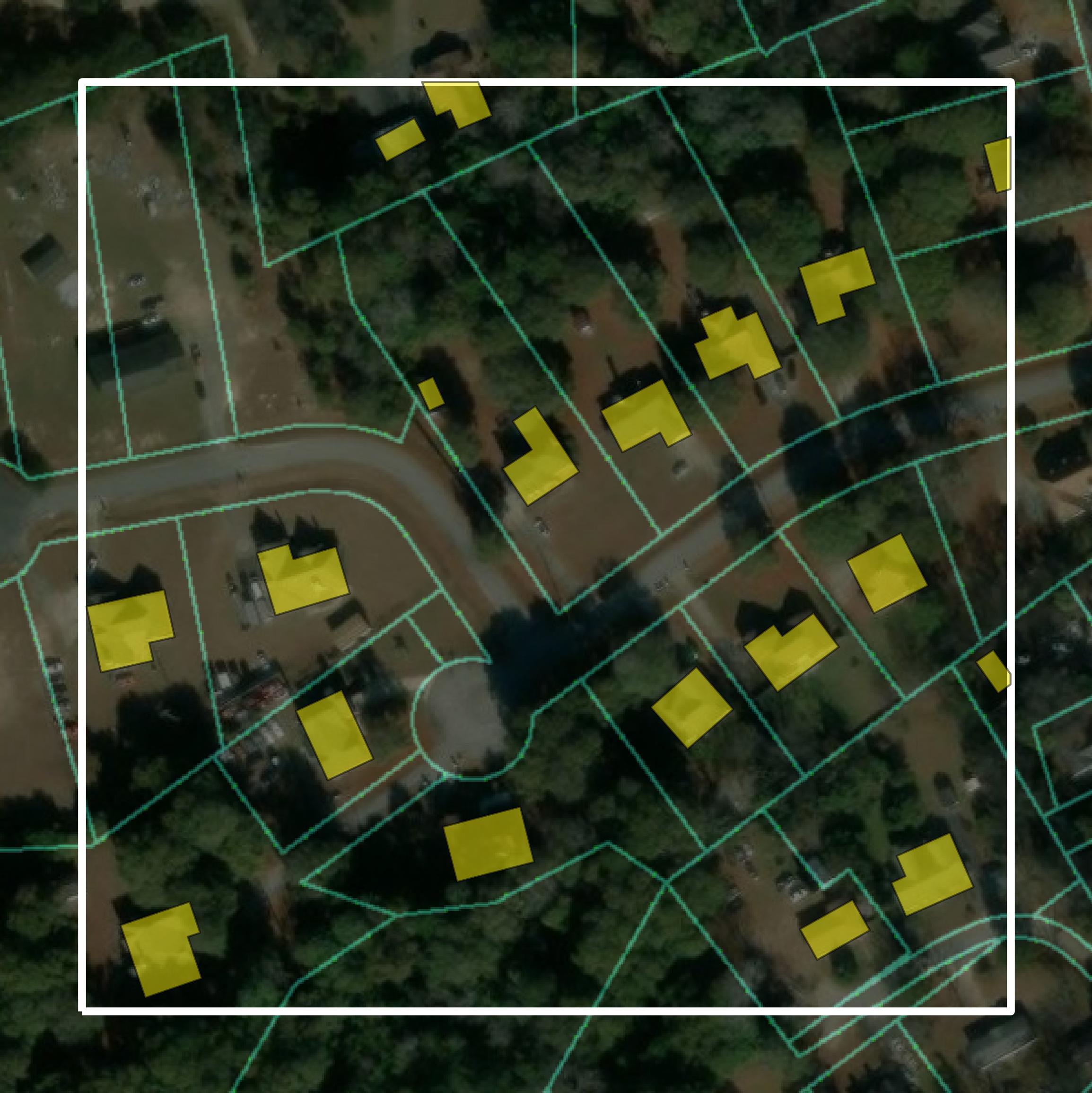 This image shows parcel and building data in Jones County created using GIS data in Equator.