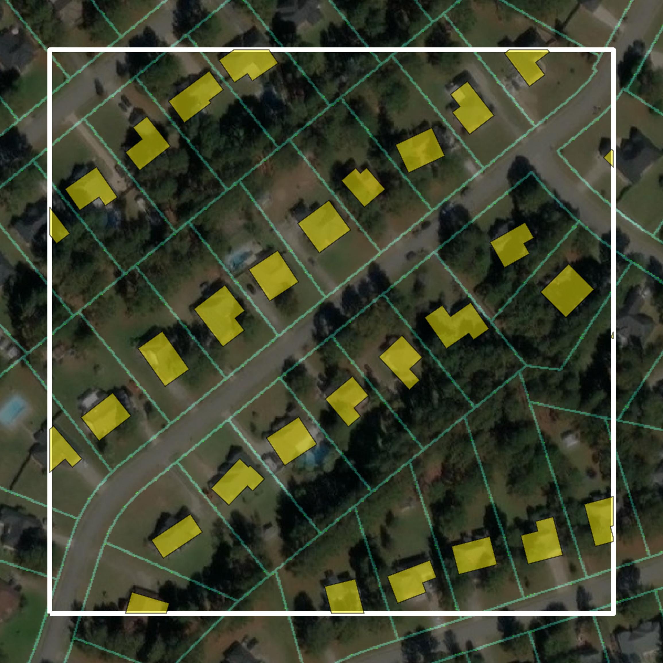 This image shows parcel and building data in Lee County created using GIS data in Equator.
