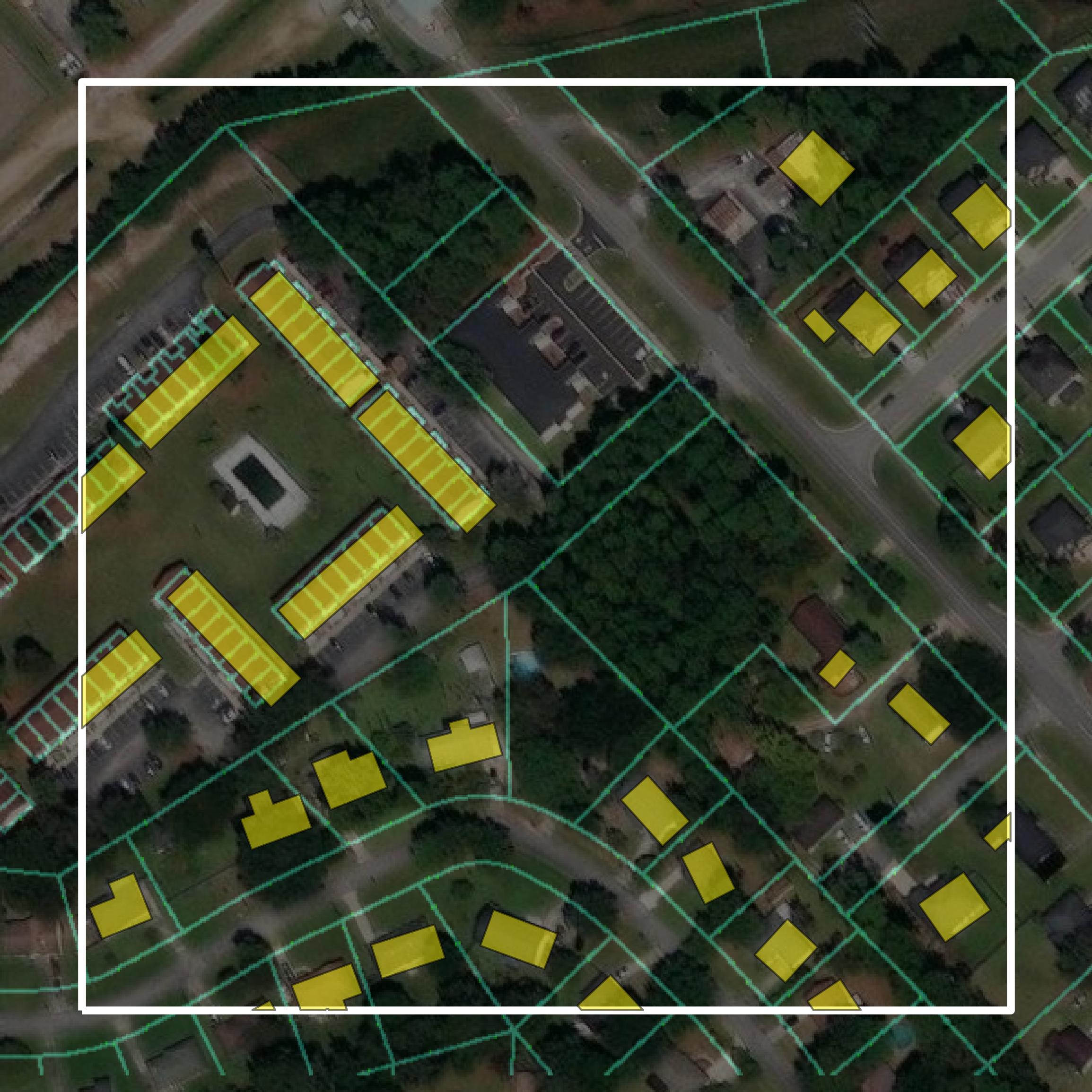 This image shows parcel and building data in Liberty County created using GIS data in Equator.