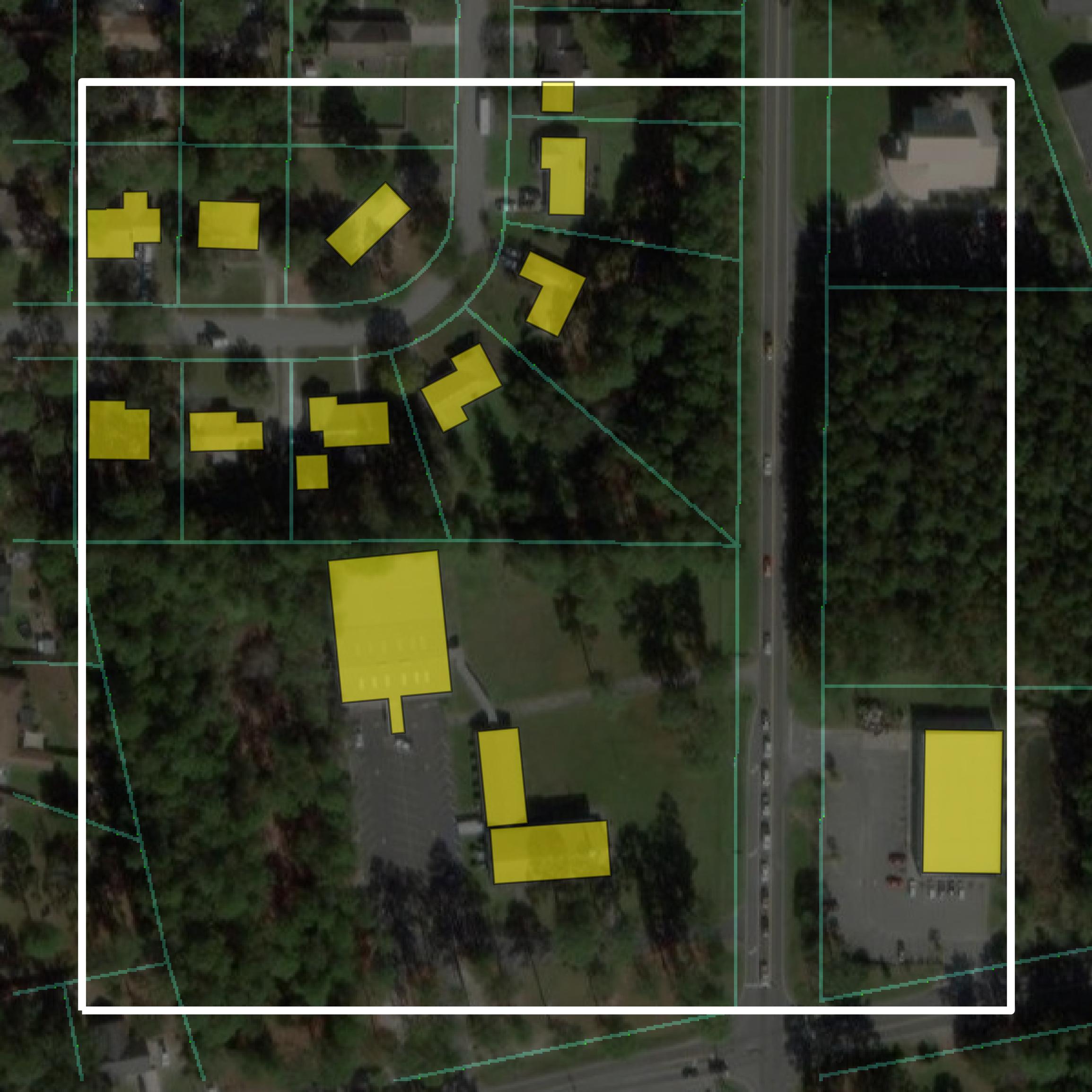 This image shows parcel and building data in Lowndes County created using GIS data in Equator.
