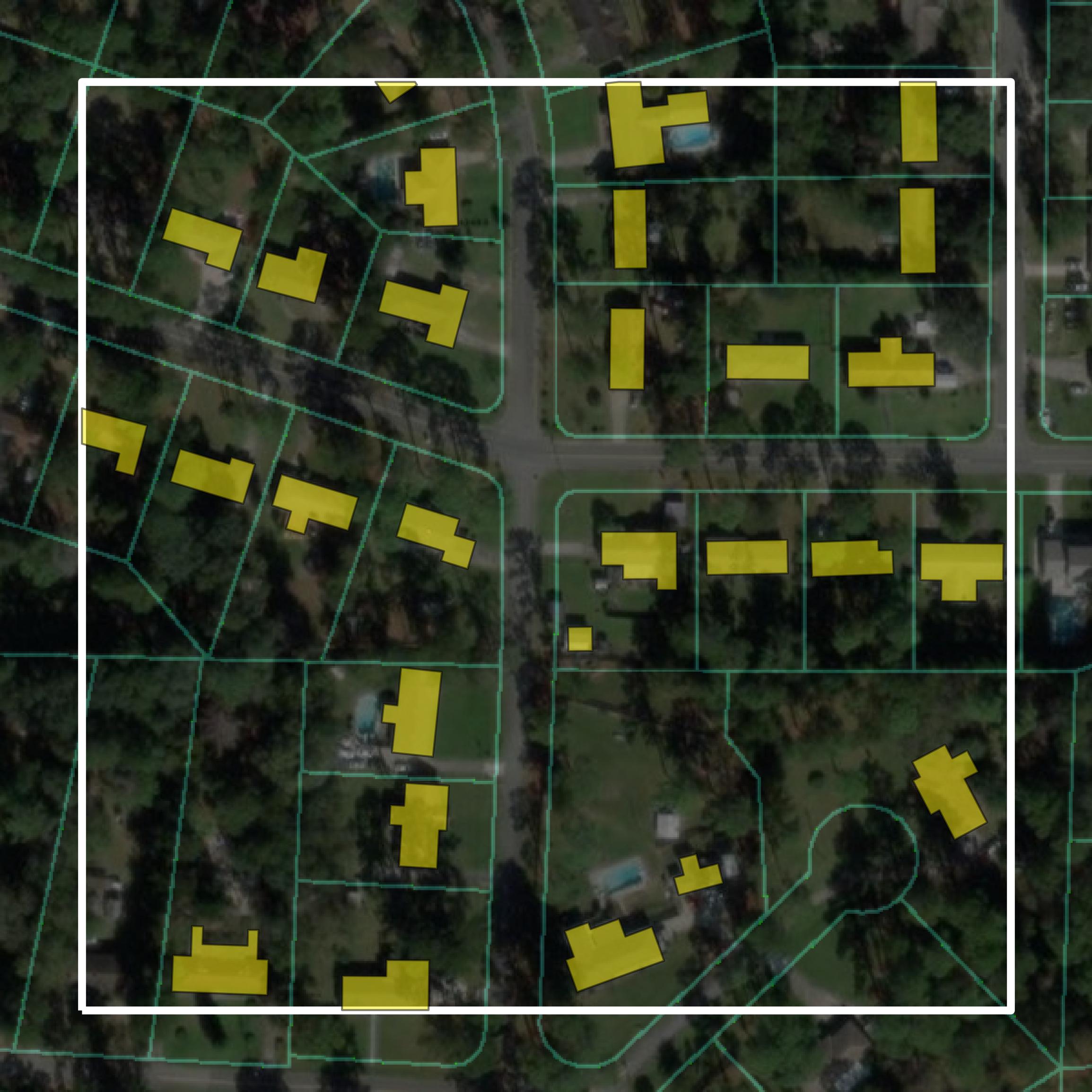 This image shows parcel and building data in Lowndes County created using GIS data in Equator.