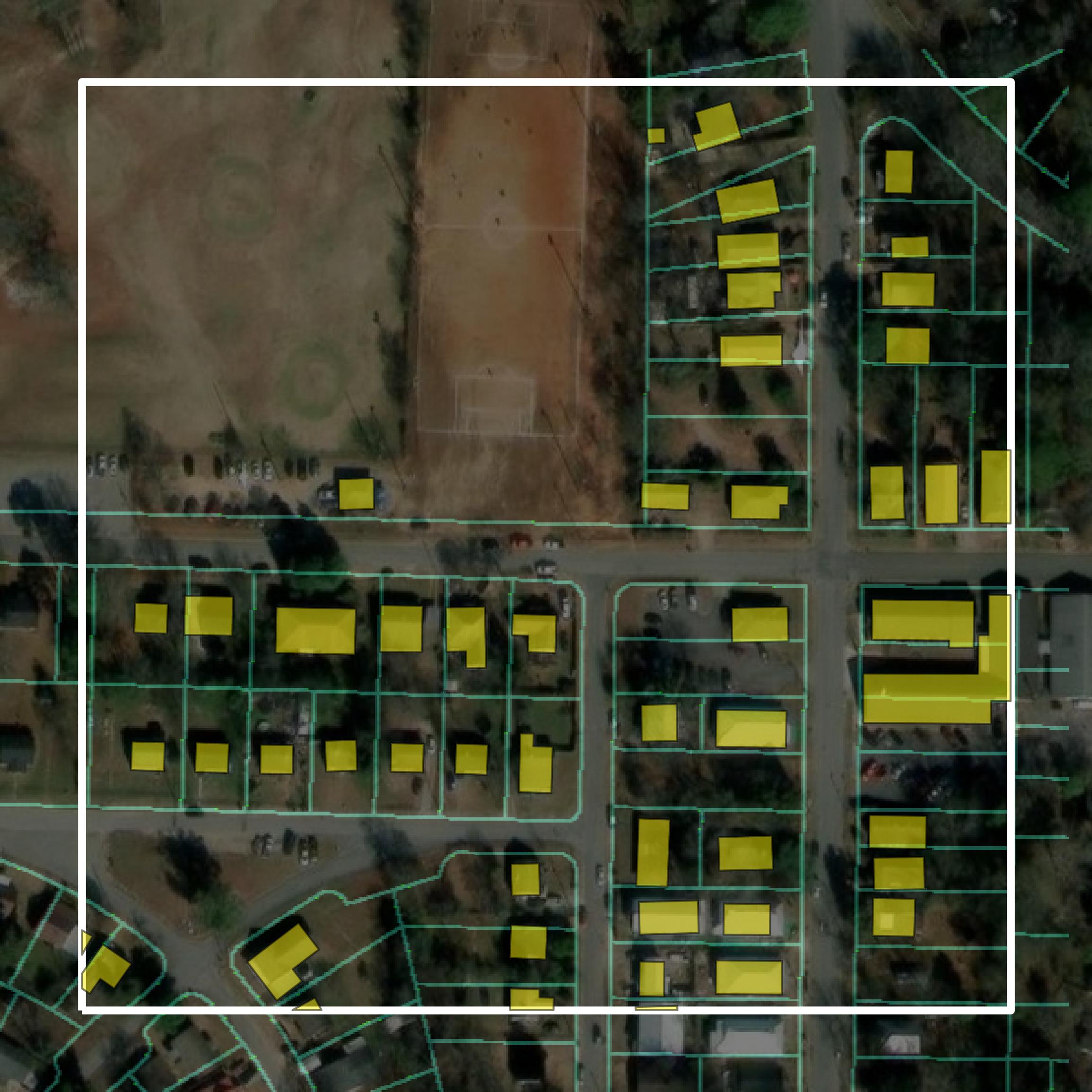 This image shows parcel and building data in Muscogee County created using GIS data in Equator.