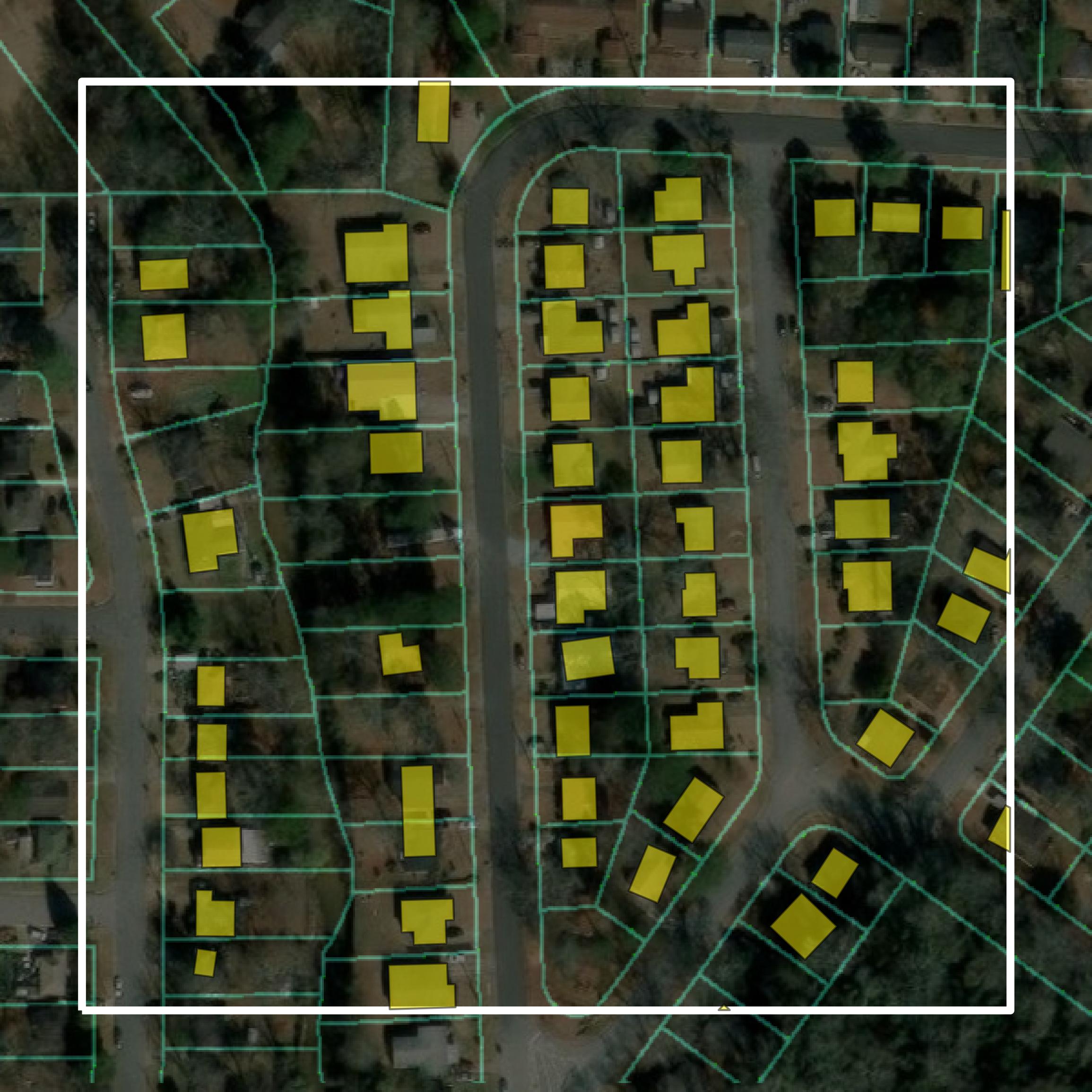 This image shows parcel and building data in Muscogee County created using GIS data in Equator.