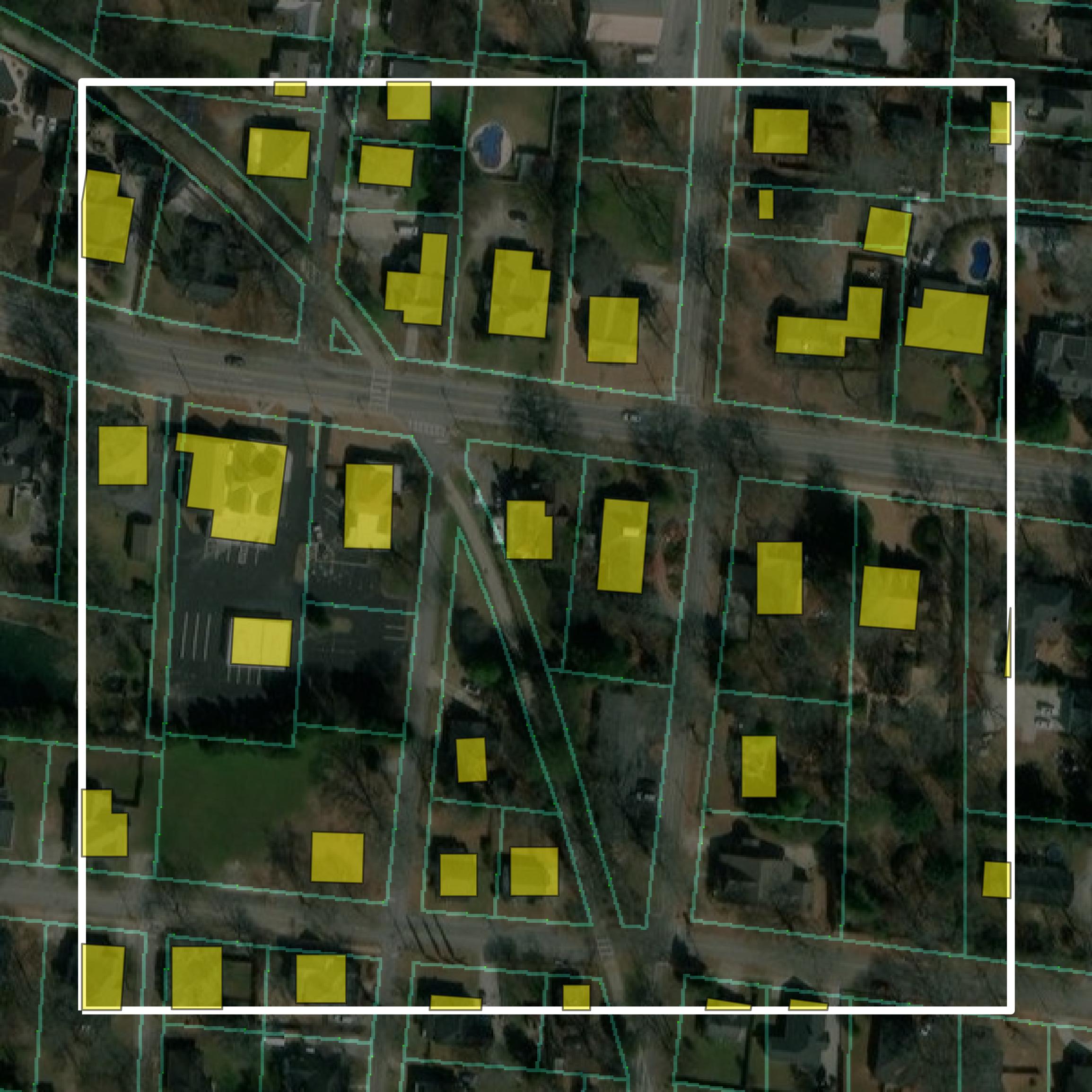 This image shows parcel and building data in Newton County created using GIS data in Equator.
