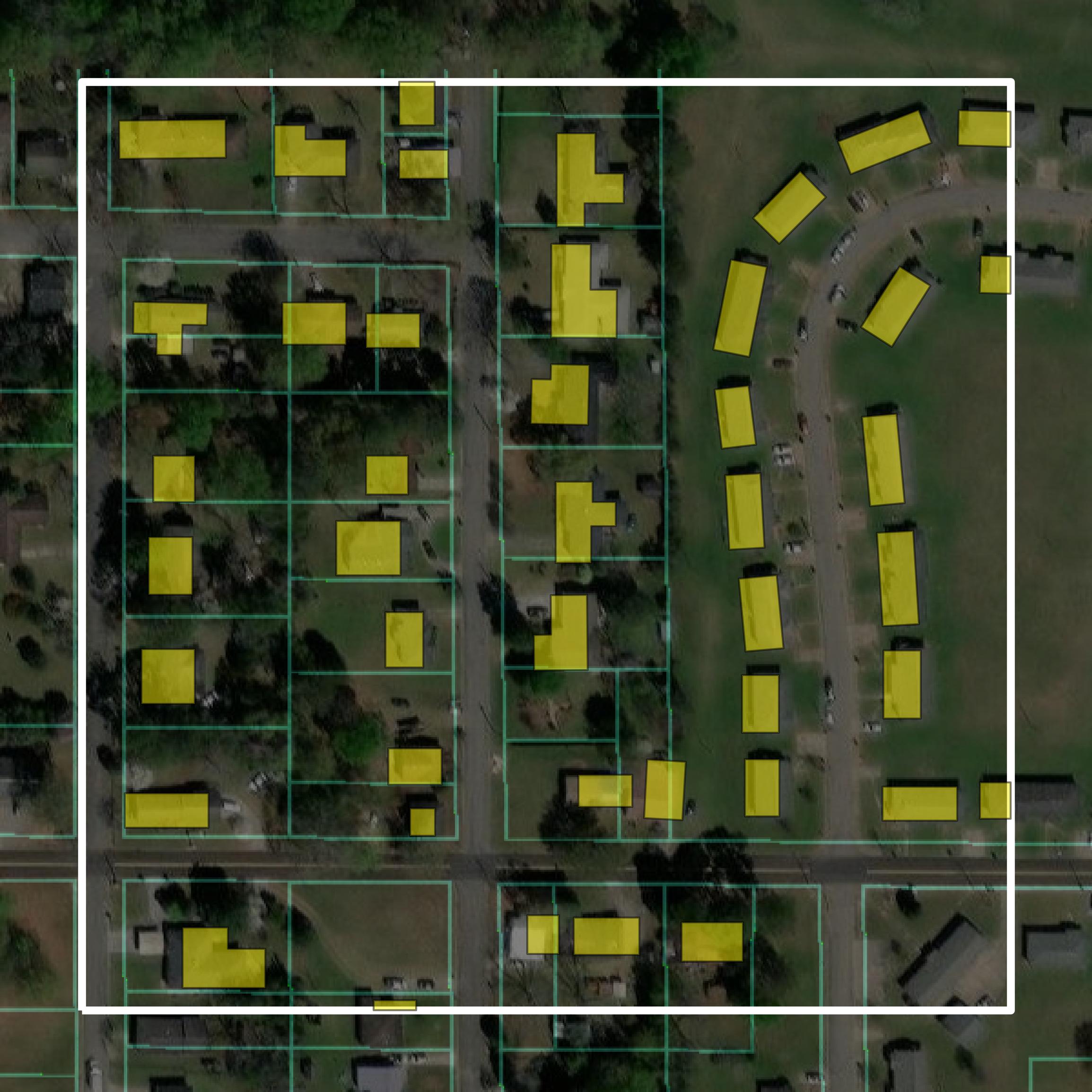 This image shows parcel and building data in Peach County created using GIS data in Equator.