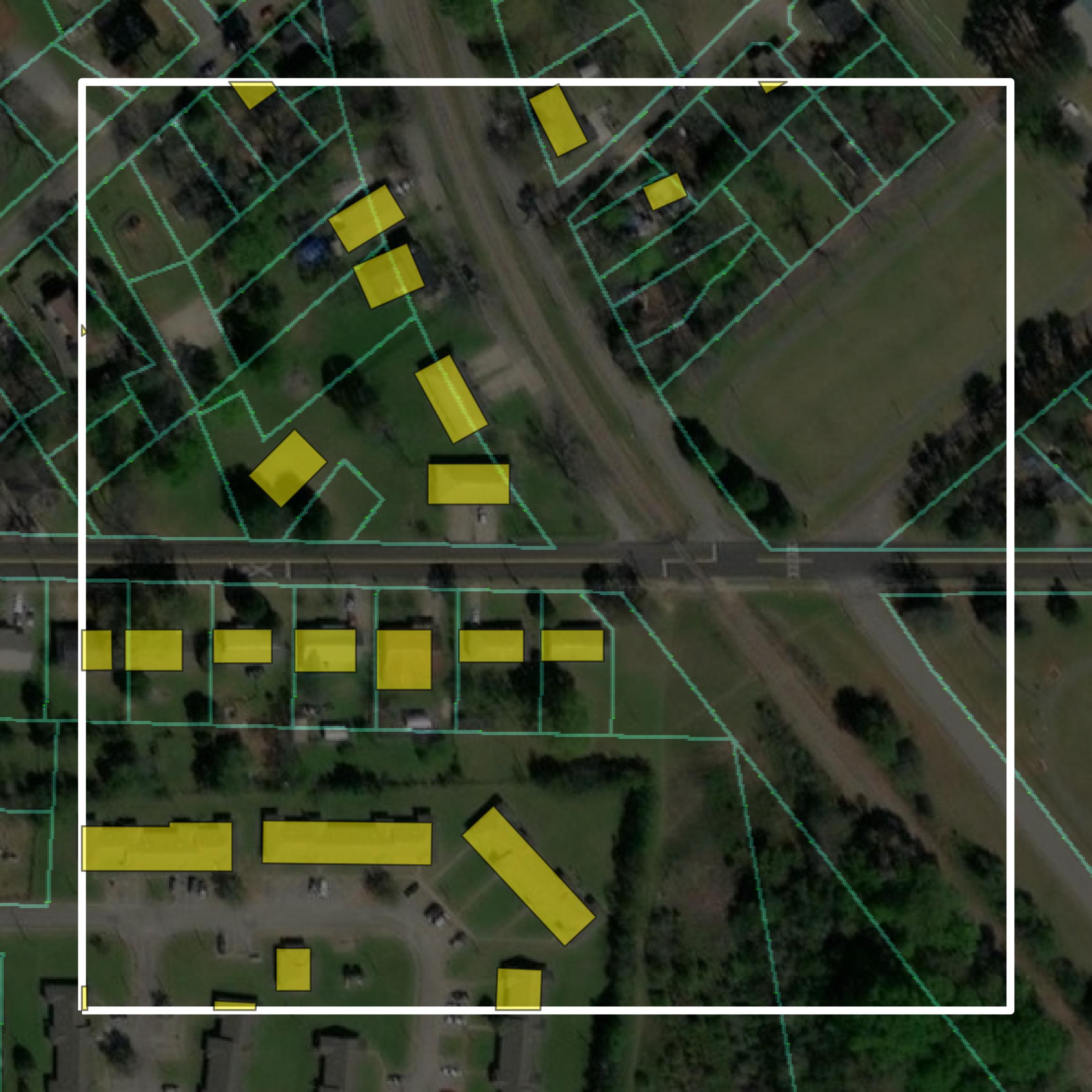 This image shows parcel and building data in Peach County created using GIS data in Equator.