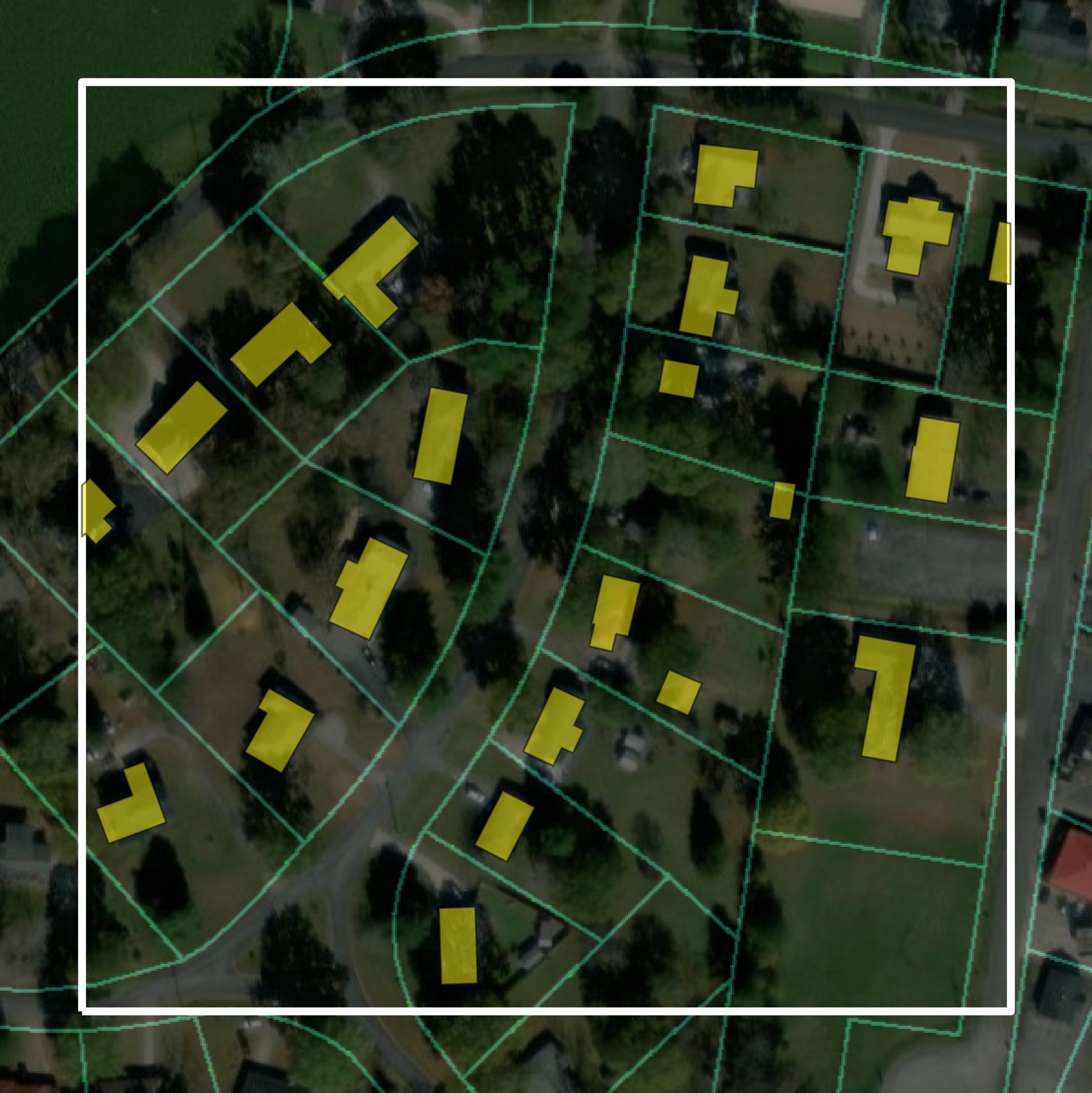 This image shows parcel and building data in Polk County created using GIS data in Equator.