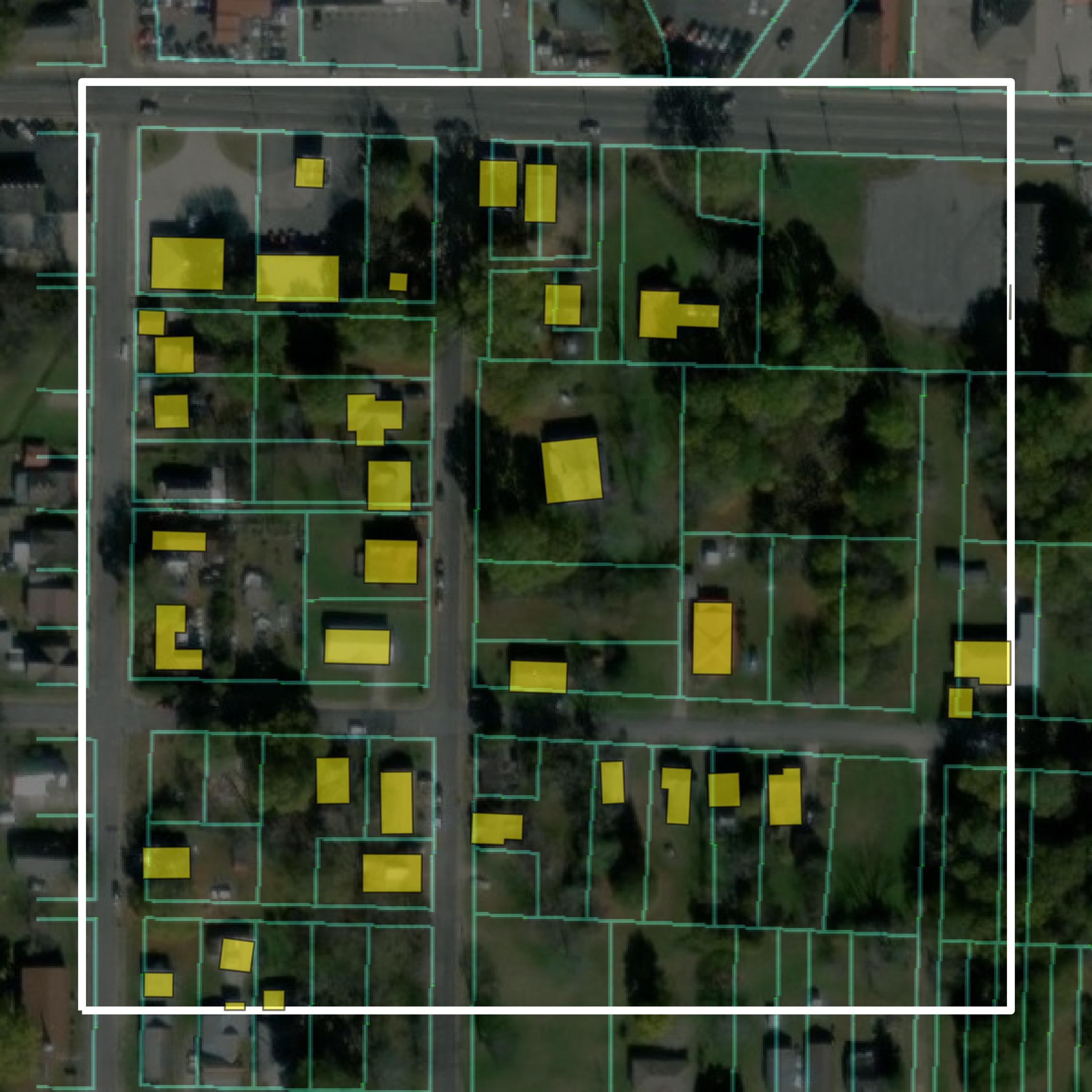 This image shows parcel and building data in Polk County created using GIS data in Equator.