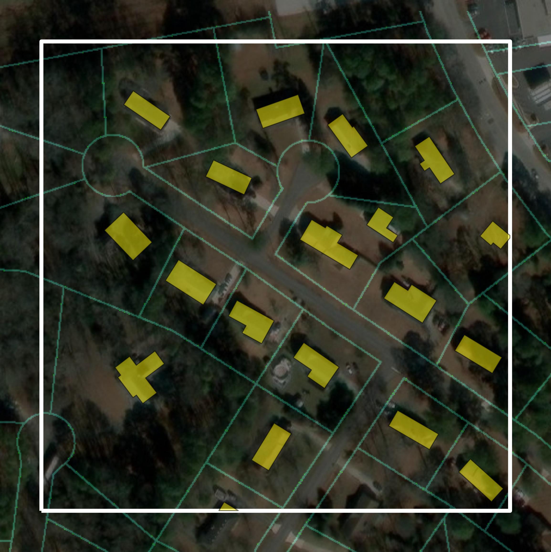 This image shows parcel and building data in Rockdale County created using GIS data in Equator.