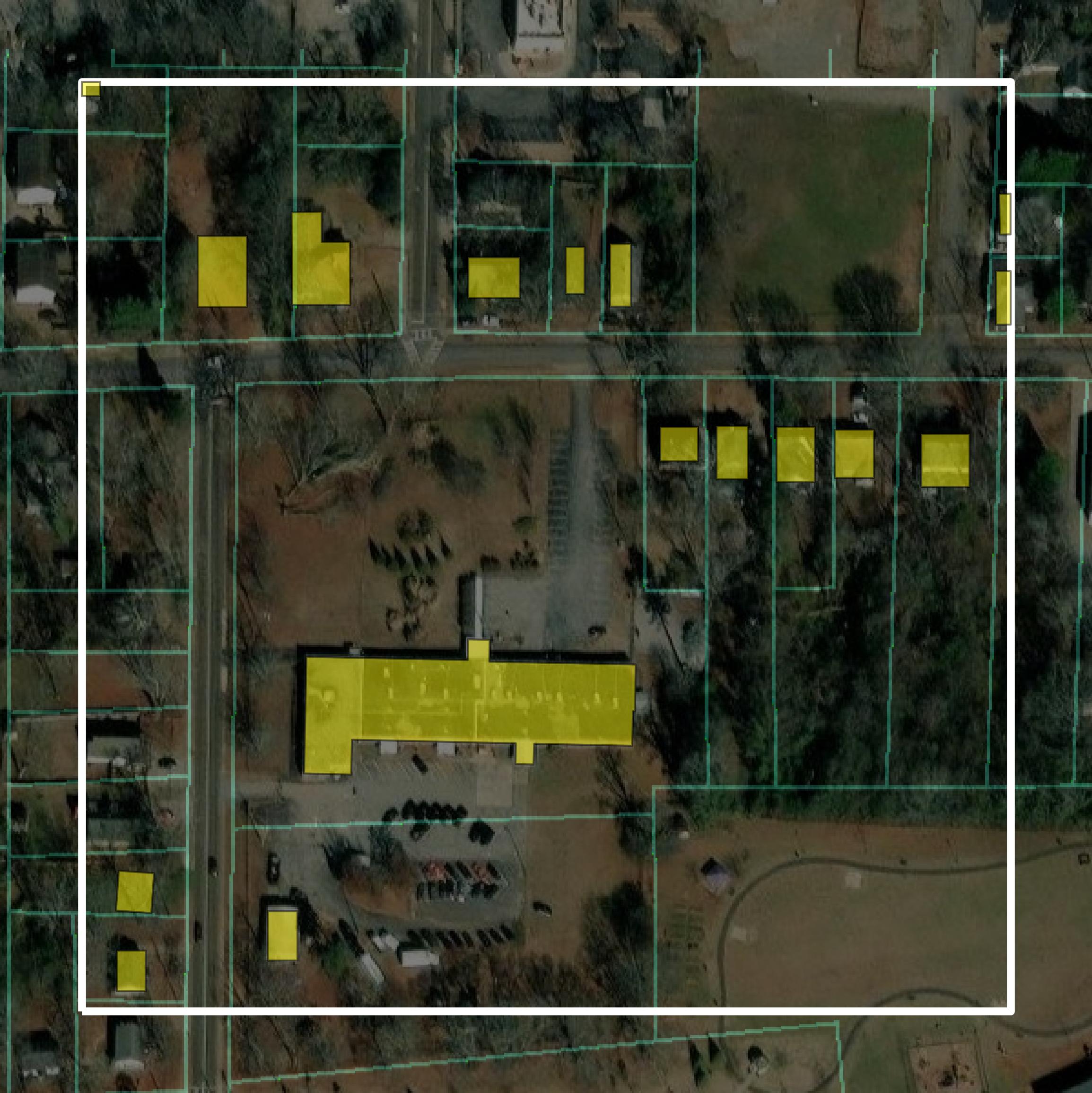 This image shows parcel and building data in Spalding County created using GIS data in Equator.