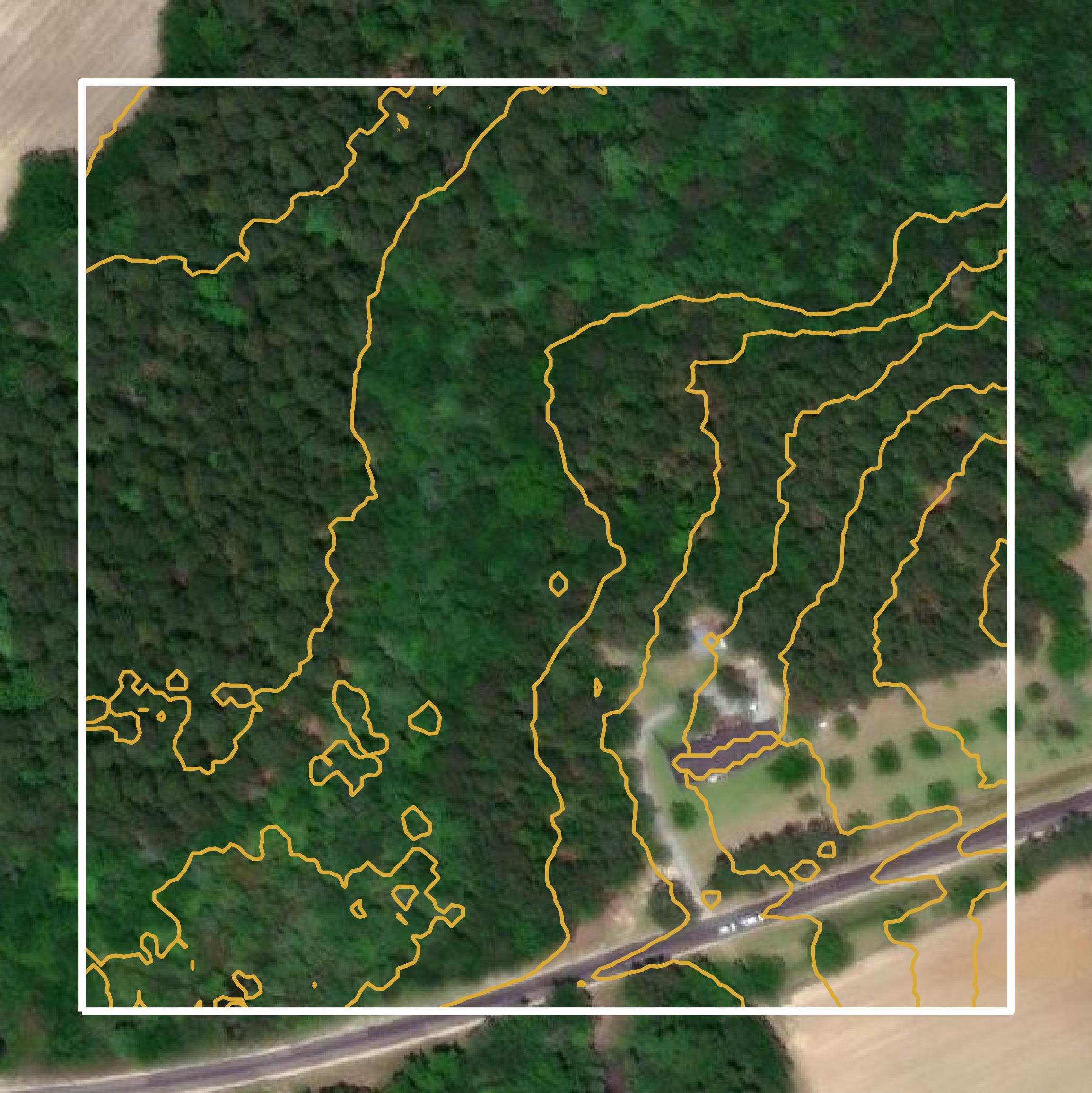 This image shows a contour map in Tattnall County created using GIS data in Equator.