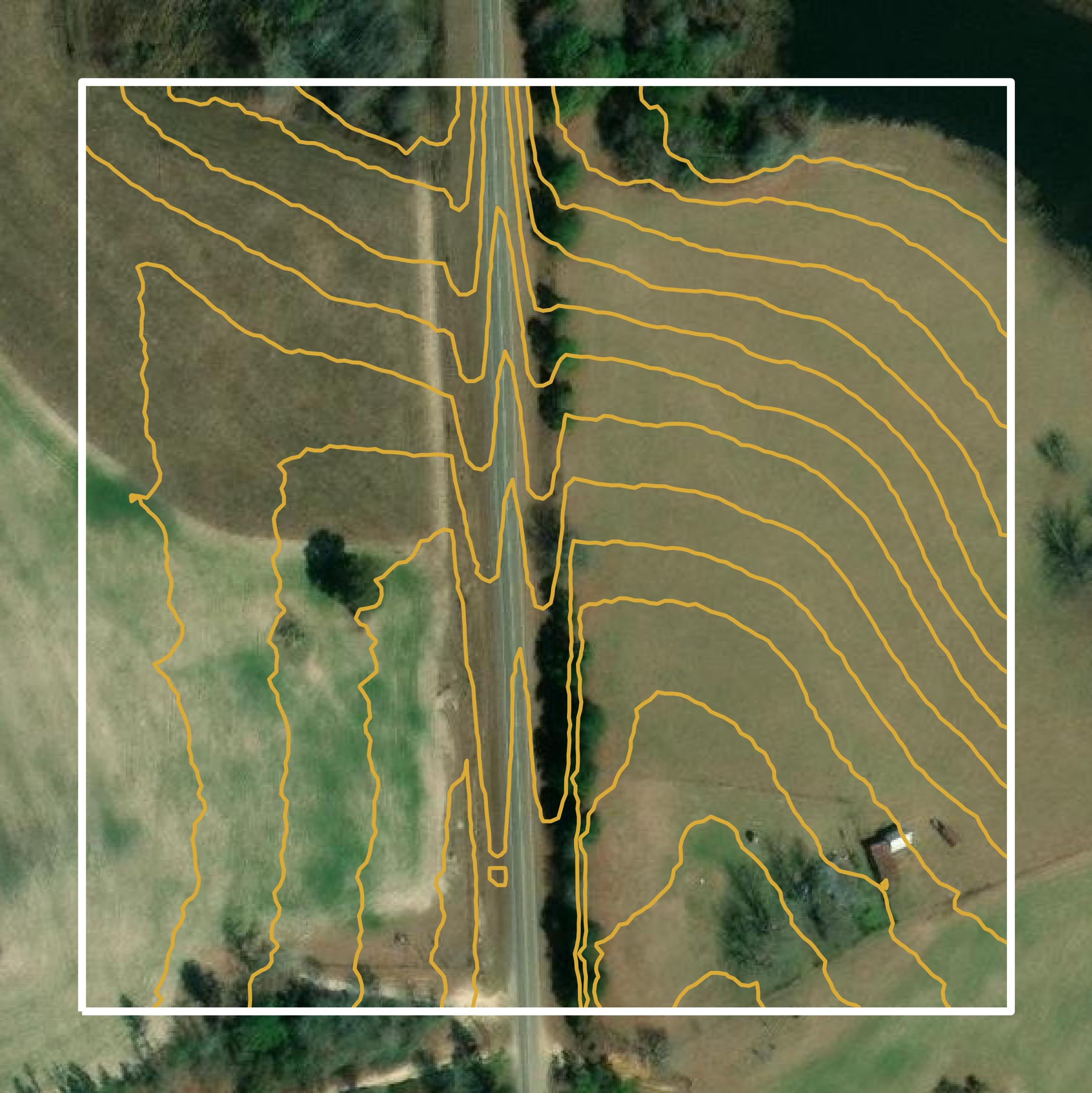This image shows a contour map in Telfair County created using GIS data in Equator.