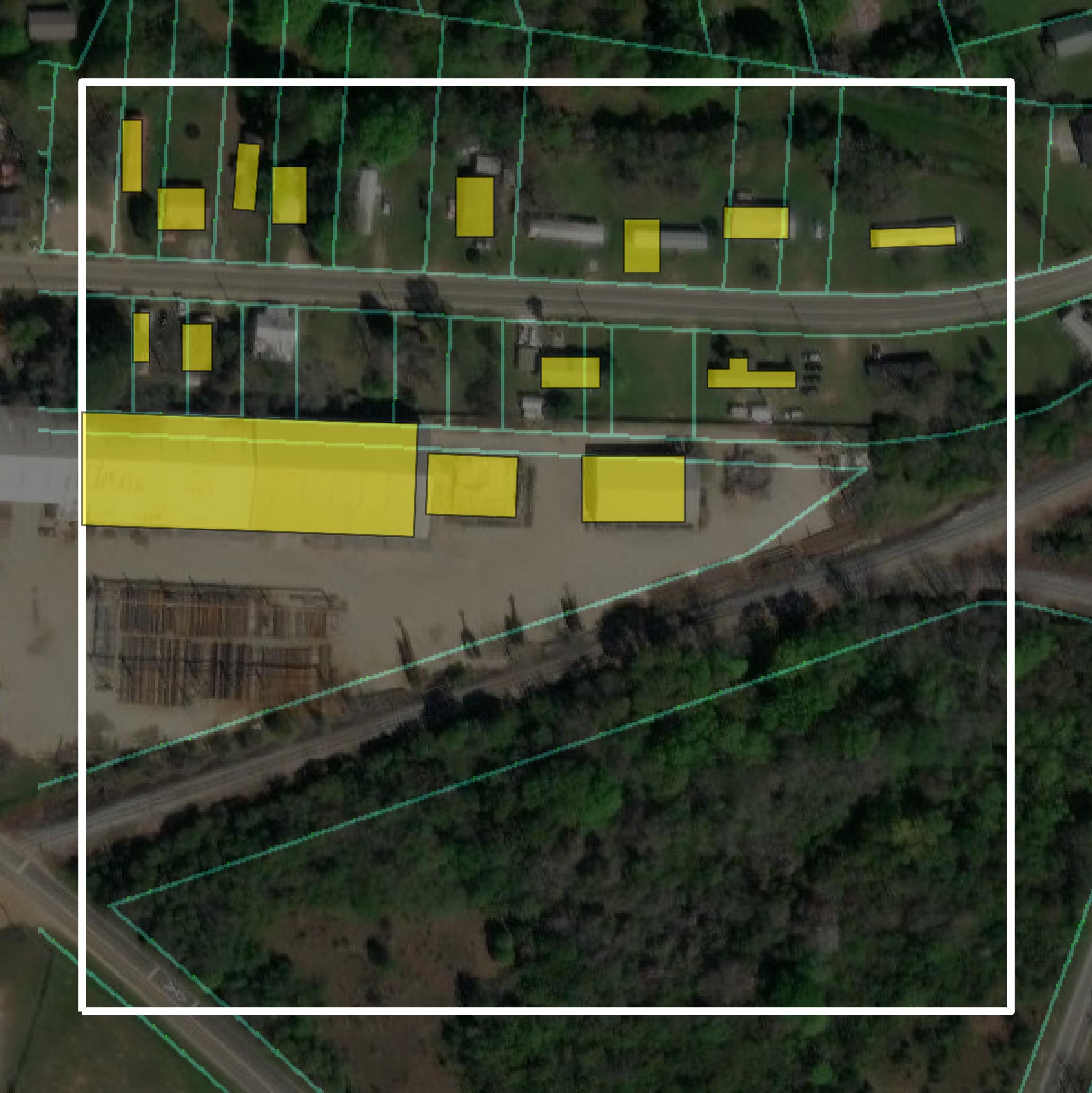This image shows parcel and building data in Tift County created using GIS data in Equator.