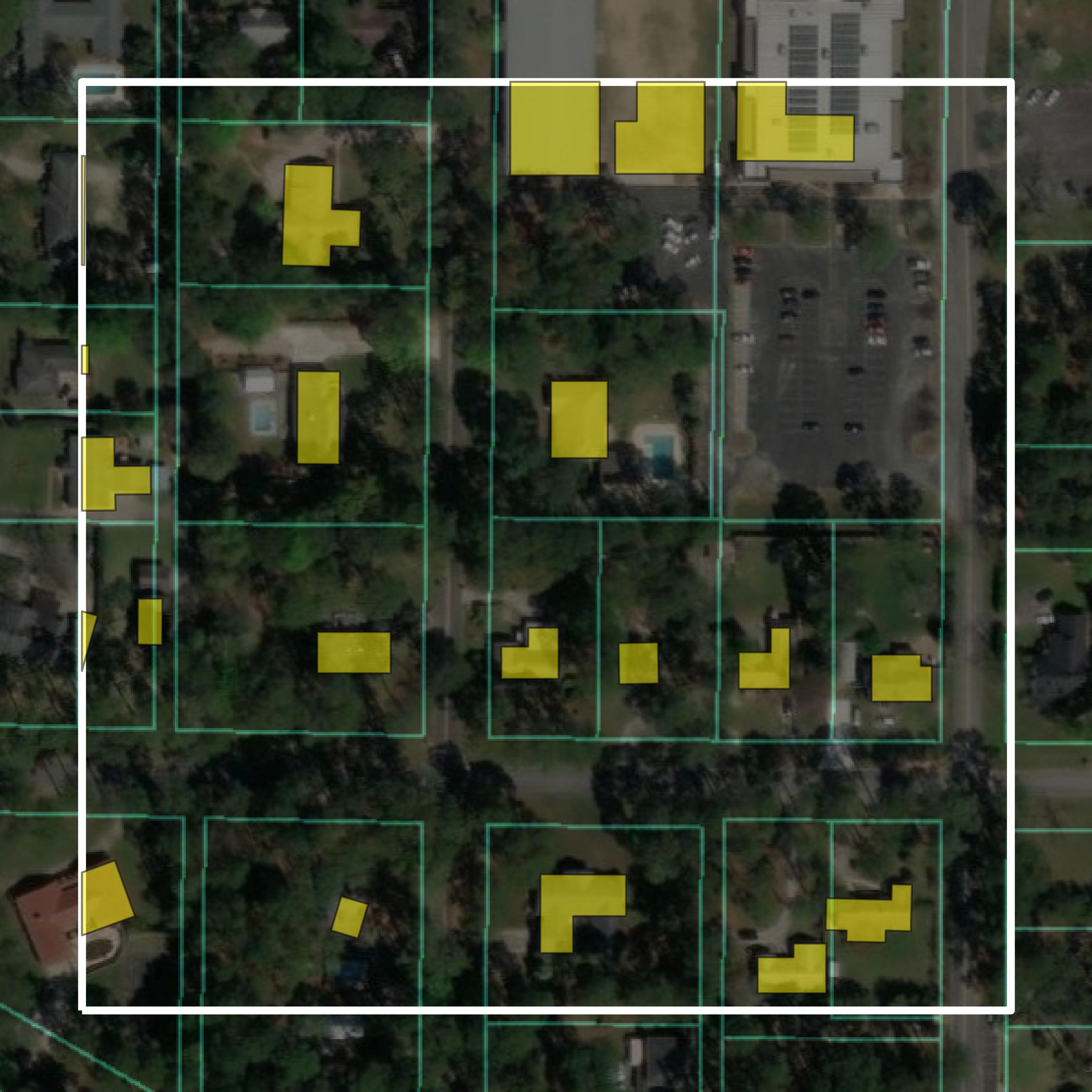 This image shows parcel and building data in Tift County created using GIS data in Equator.