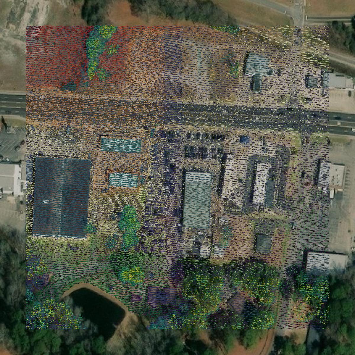 This image shows a LiDAR point cloud in Toombs County created using GIS data in Equator.