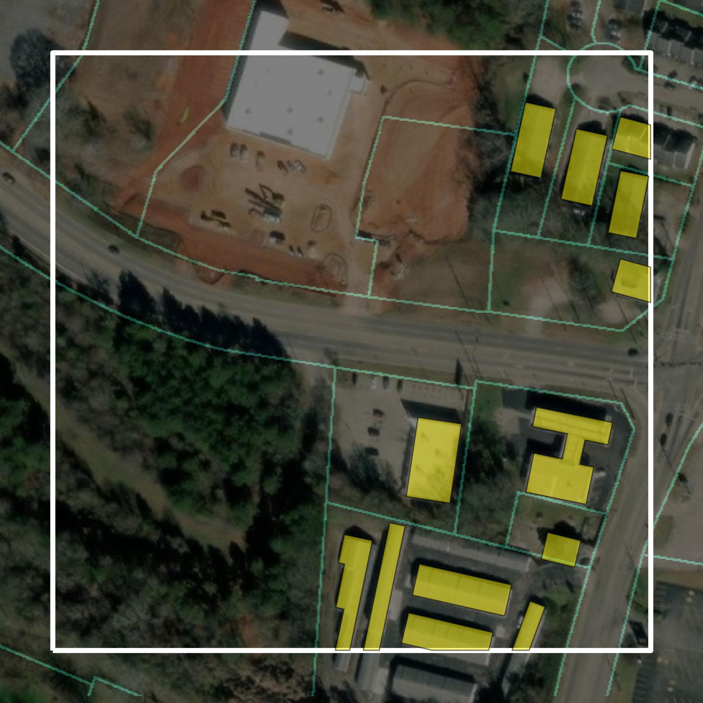 This image shows parcel and building data in Troup County created using GIS data in Equator.