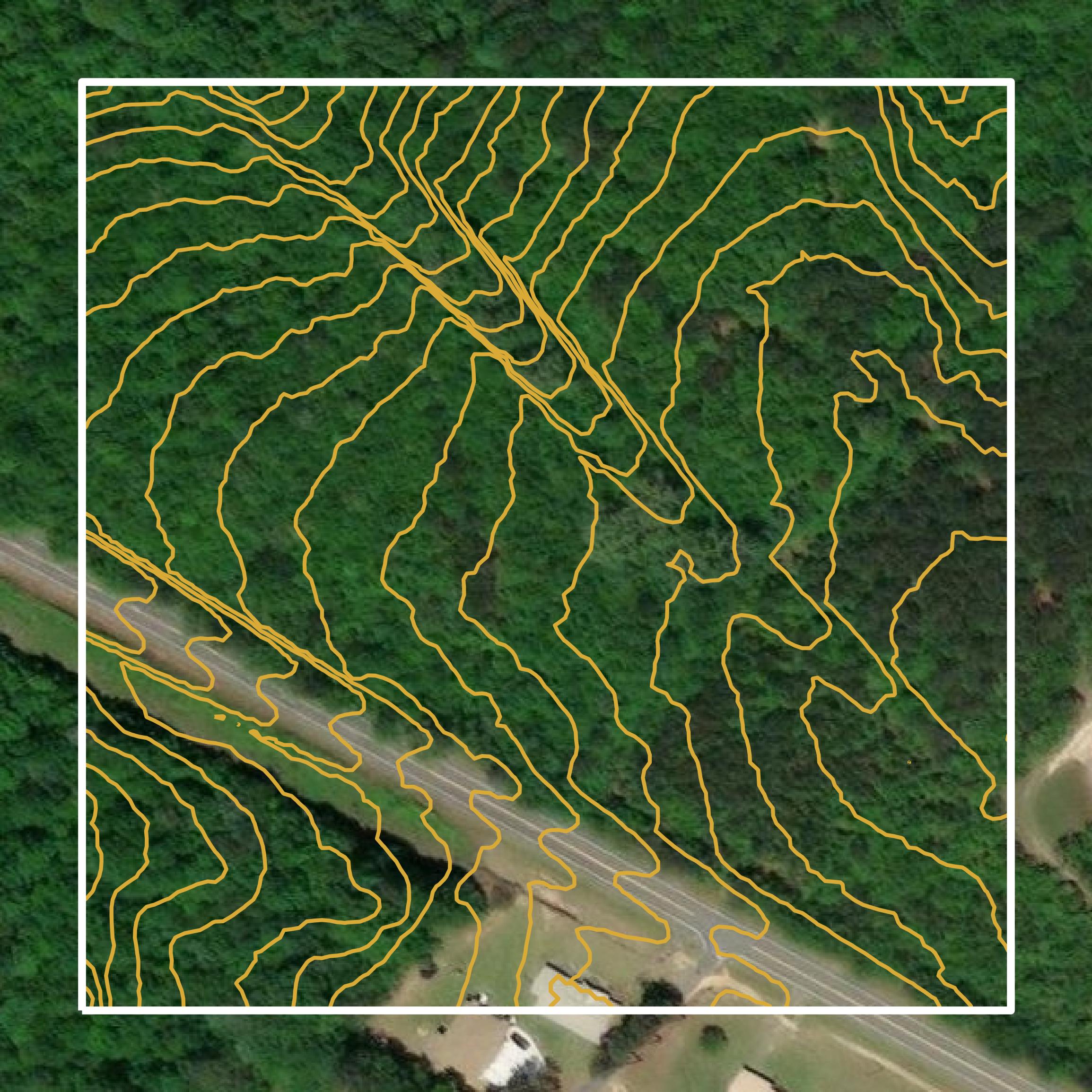 This image shows a contour map in Twiggs County created using GIS data in Equator.