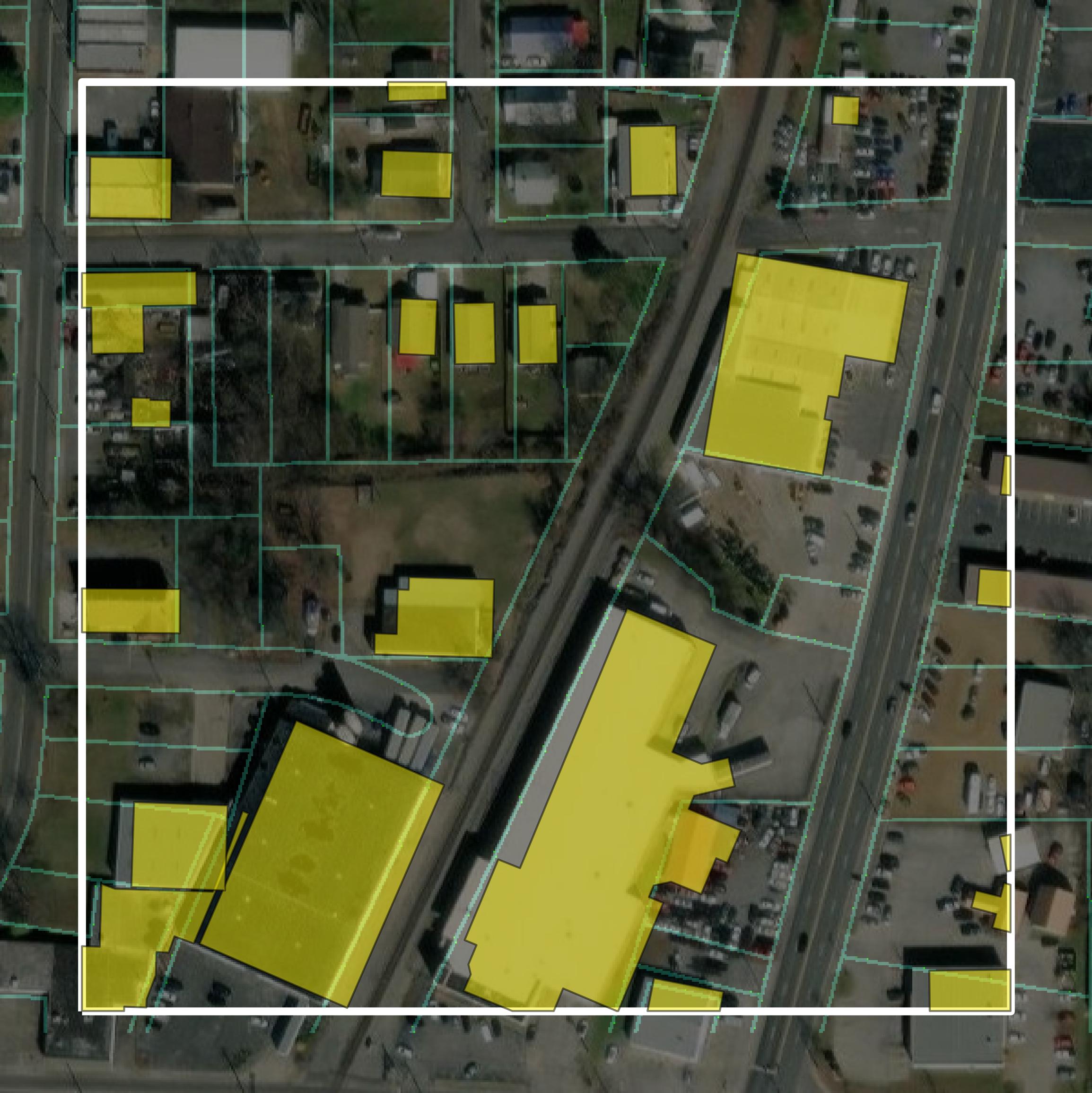 This image shows parcel and building data in Whitfield County created using GIS data in Equator.