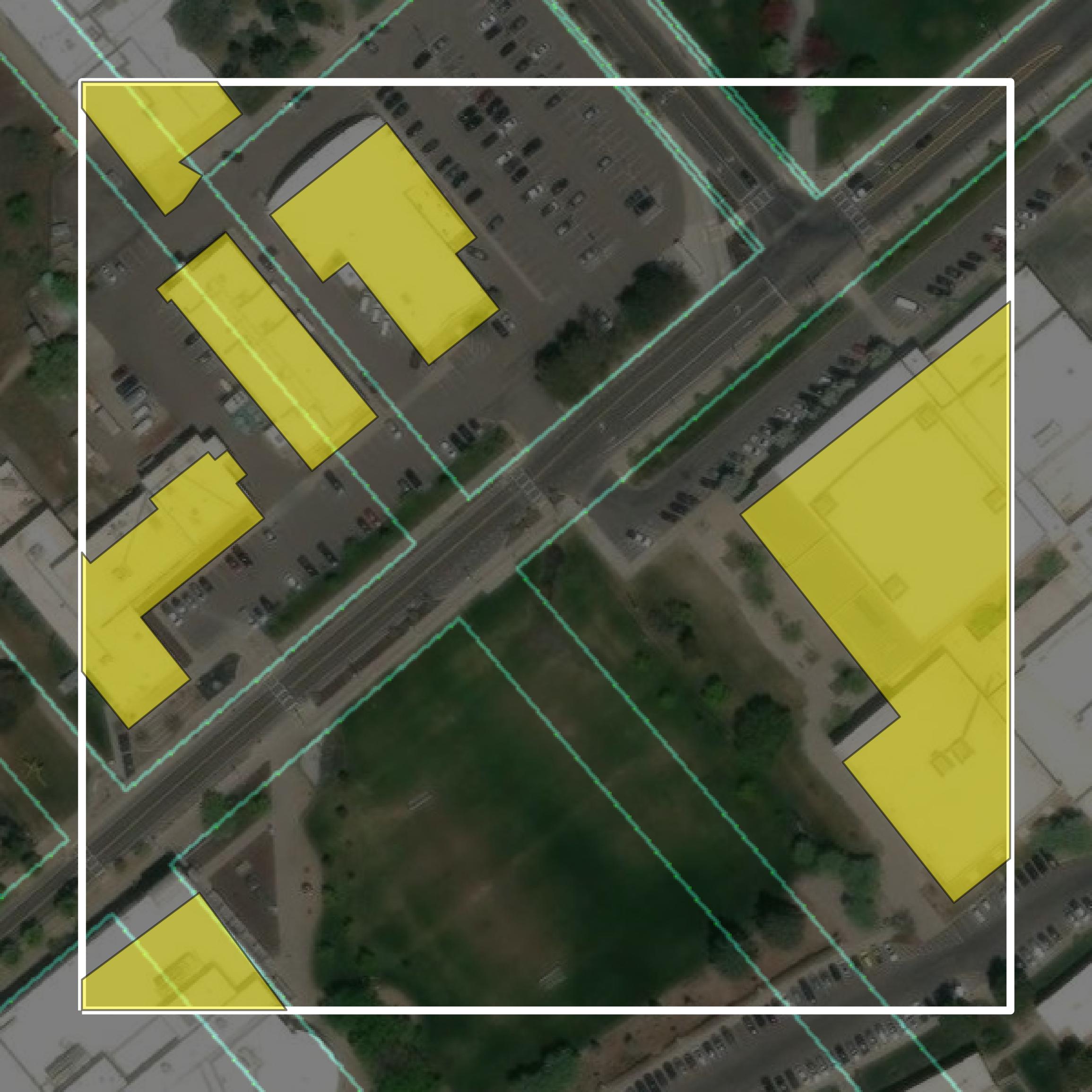 This image shows parcel and building data in Bannock County created using GIS data in Equator.