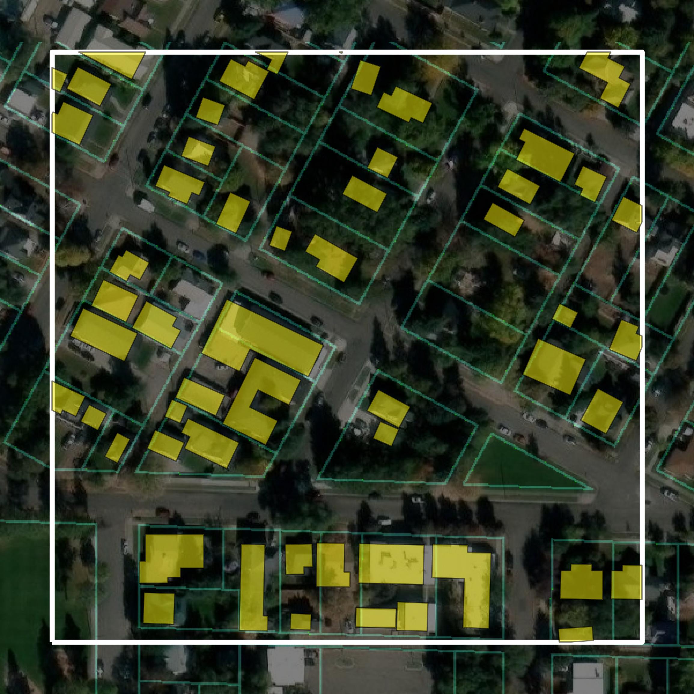 This image shows parcel and building data in Bonneville County created using GIS data in Equator.