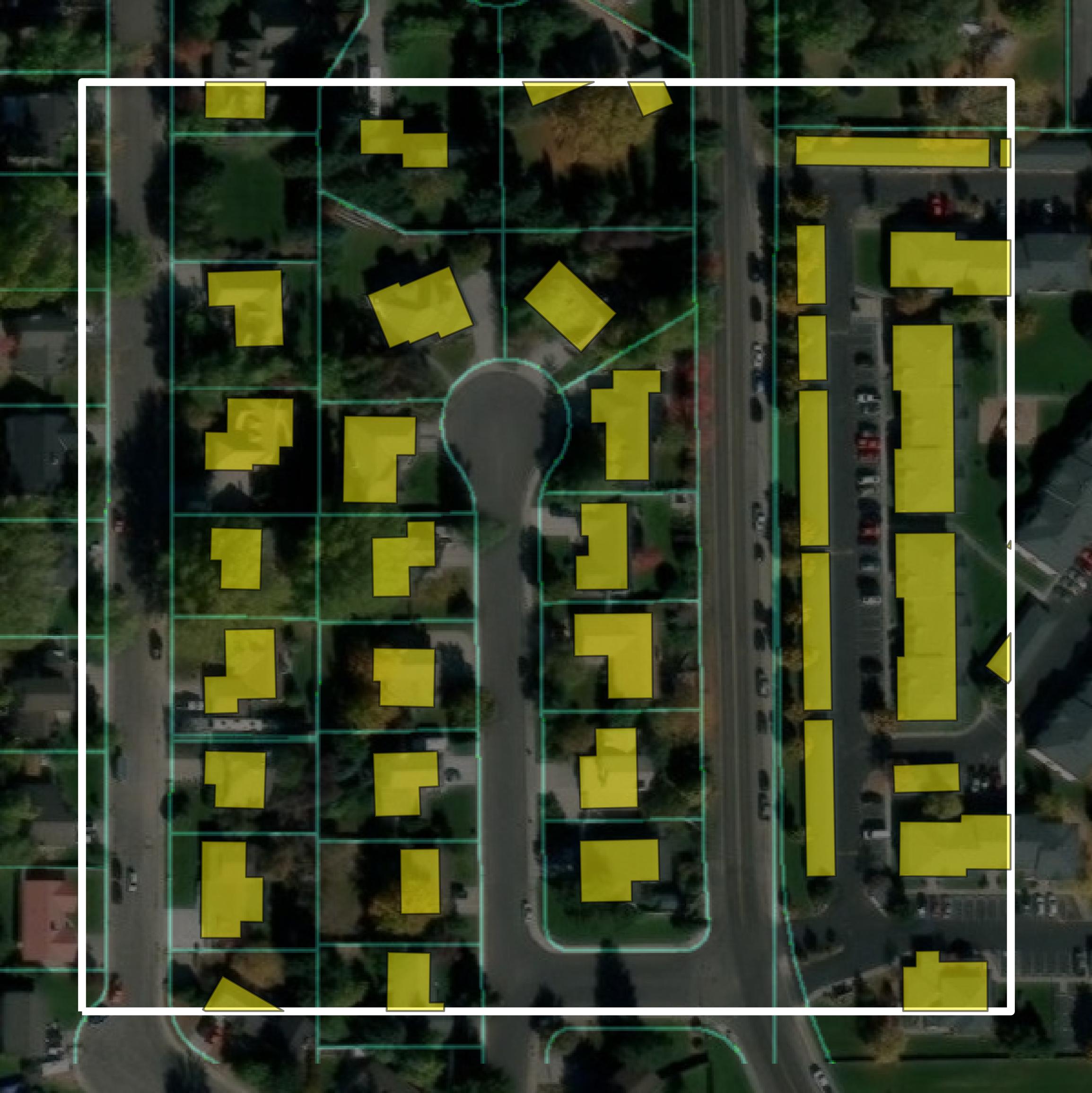 This image shows parcel and building data in Bonneville County created using GIS data in Equator.