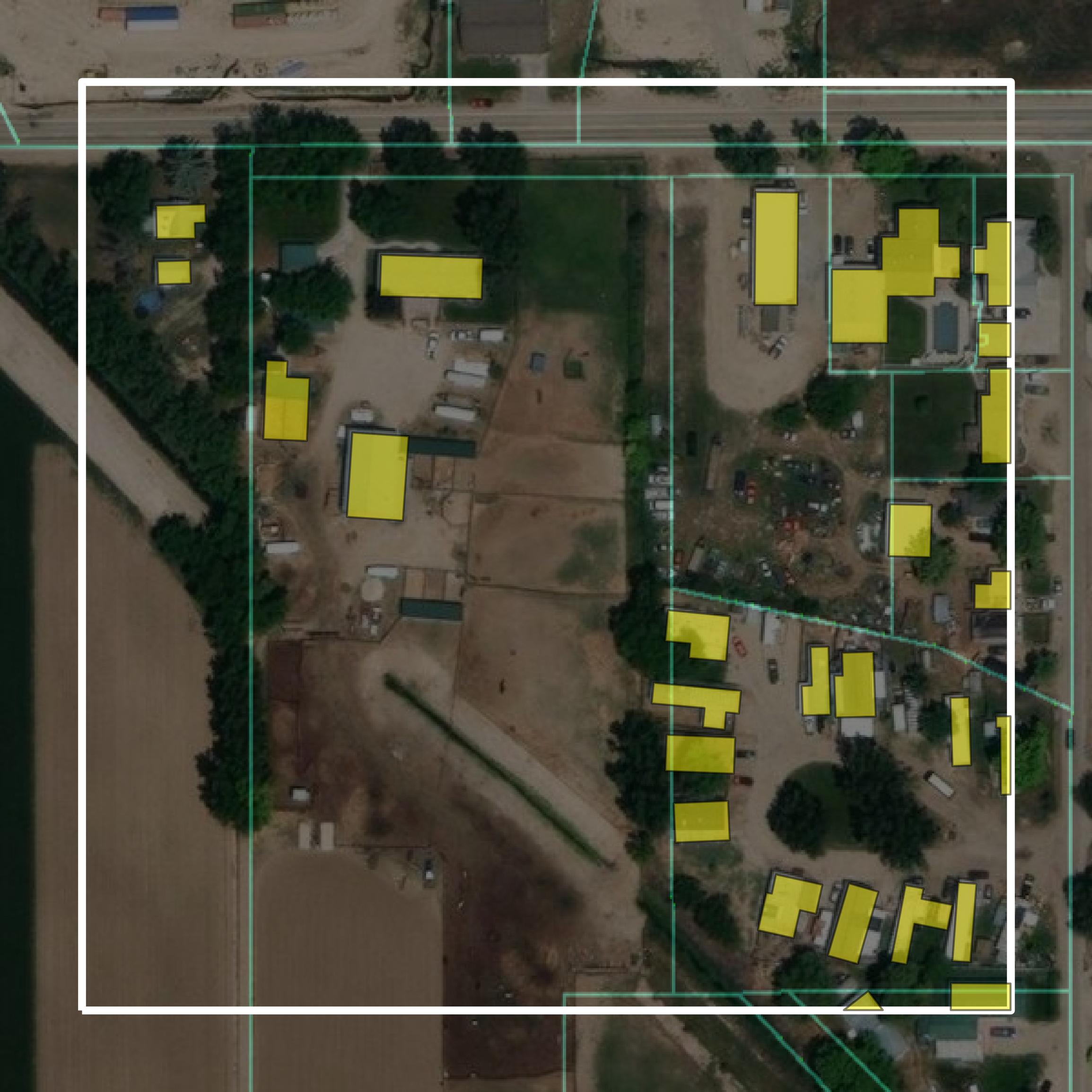 This image shows parcel and building data in Canyon County created using GIS data in Equator.